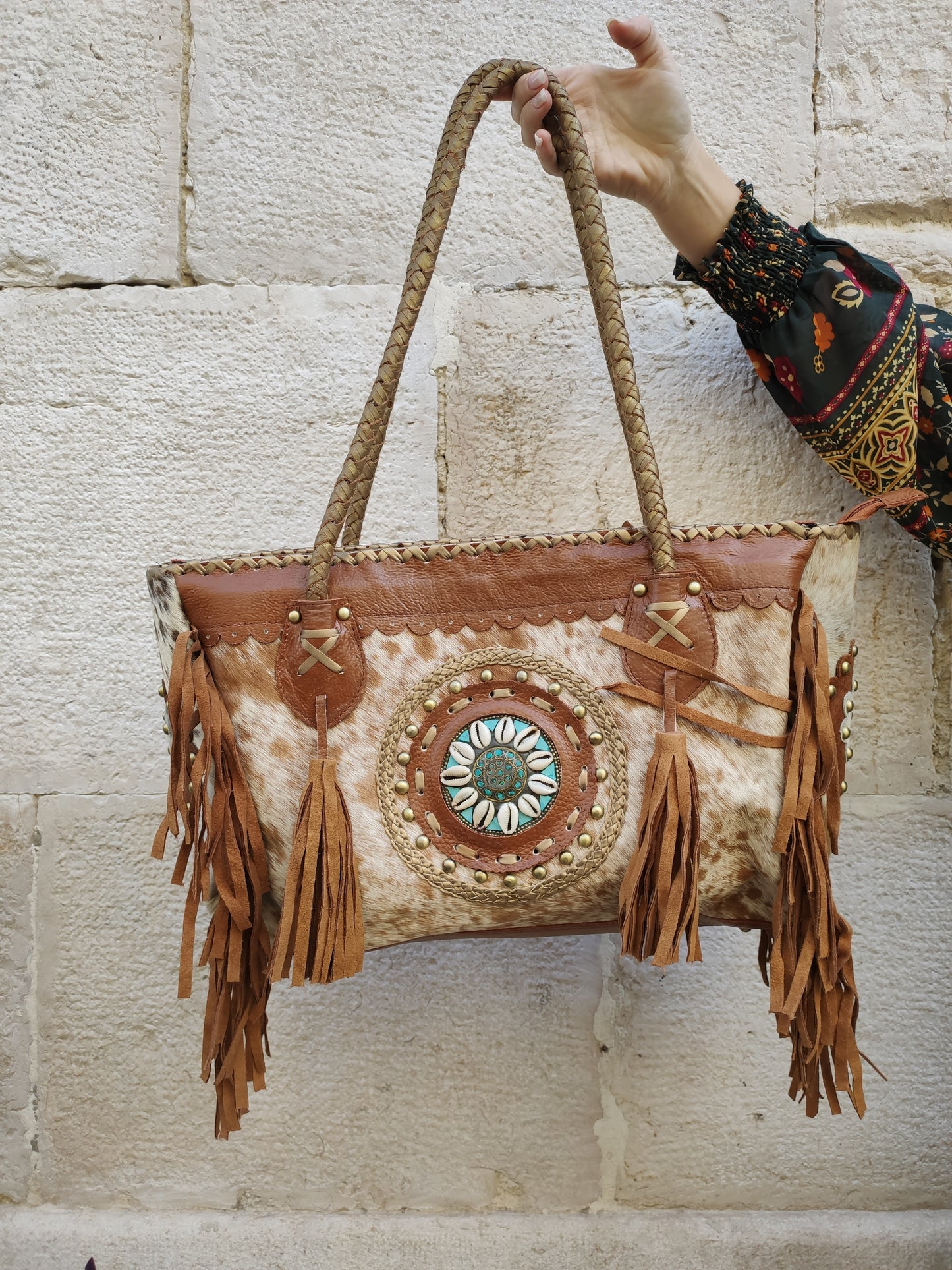 Super outfit cowgirl boho brown black leather shopper bag