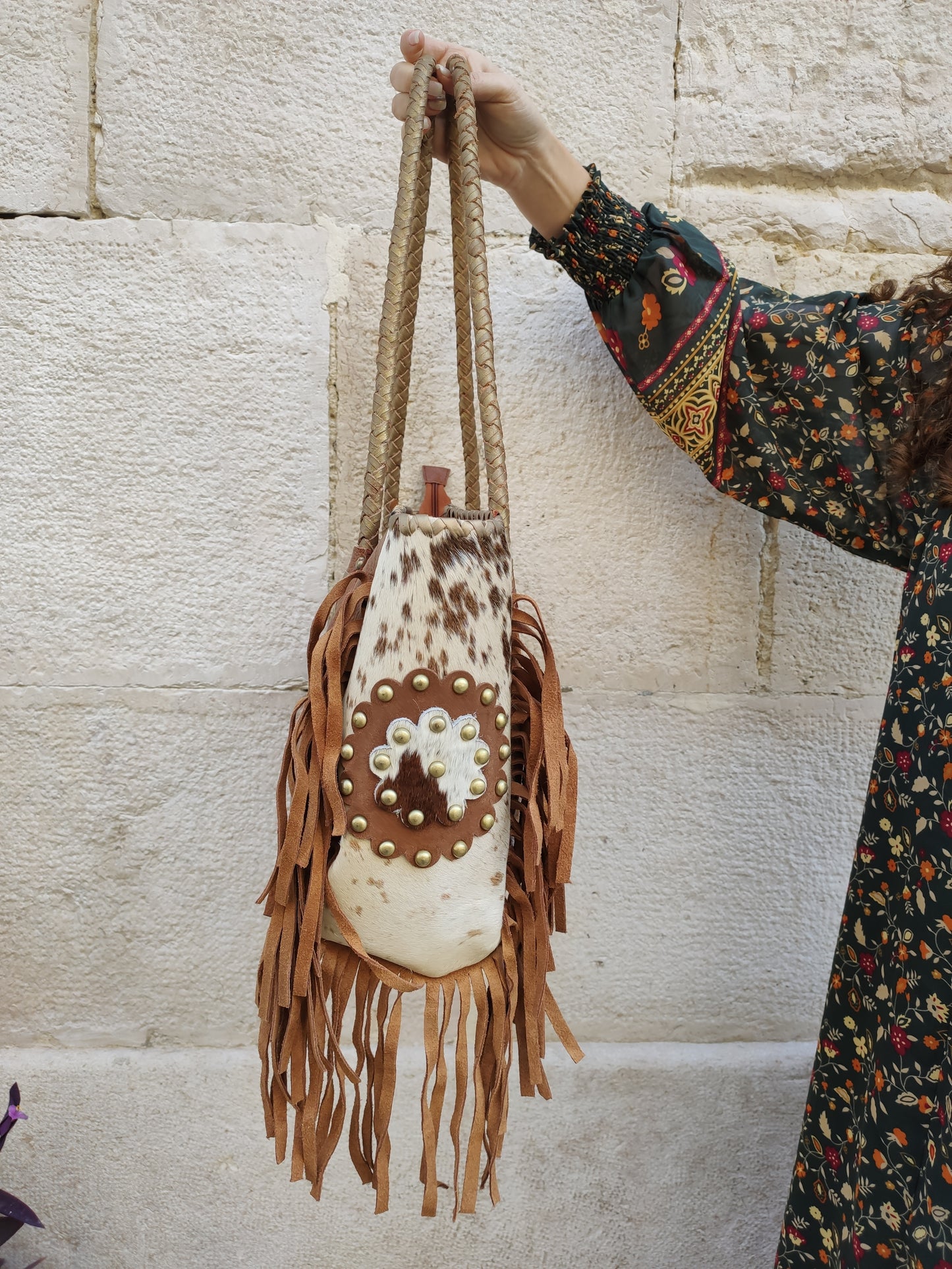 Super outfit cowgirl boho brown black leather shopper bag