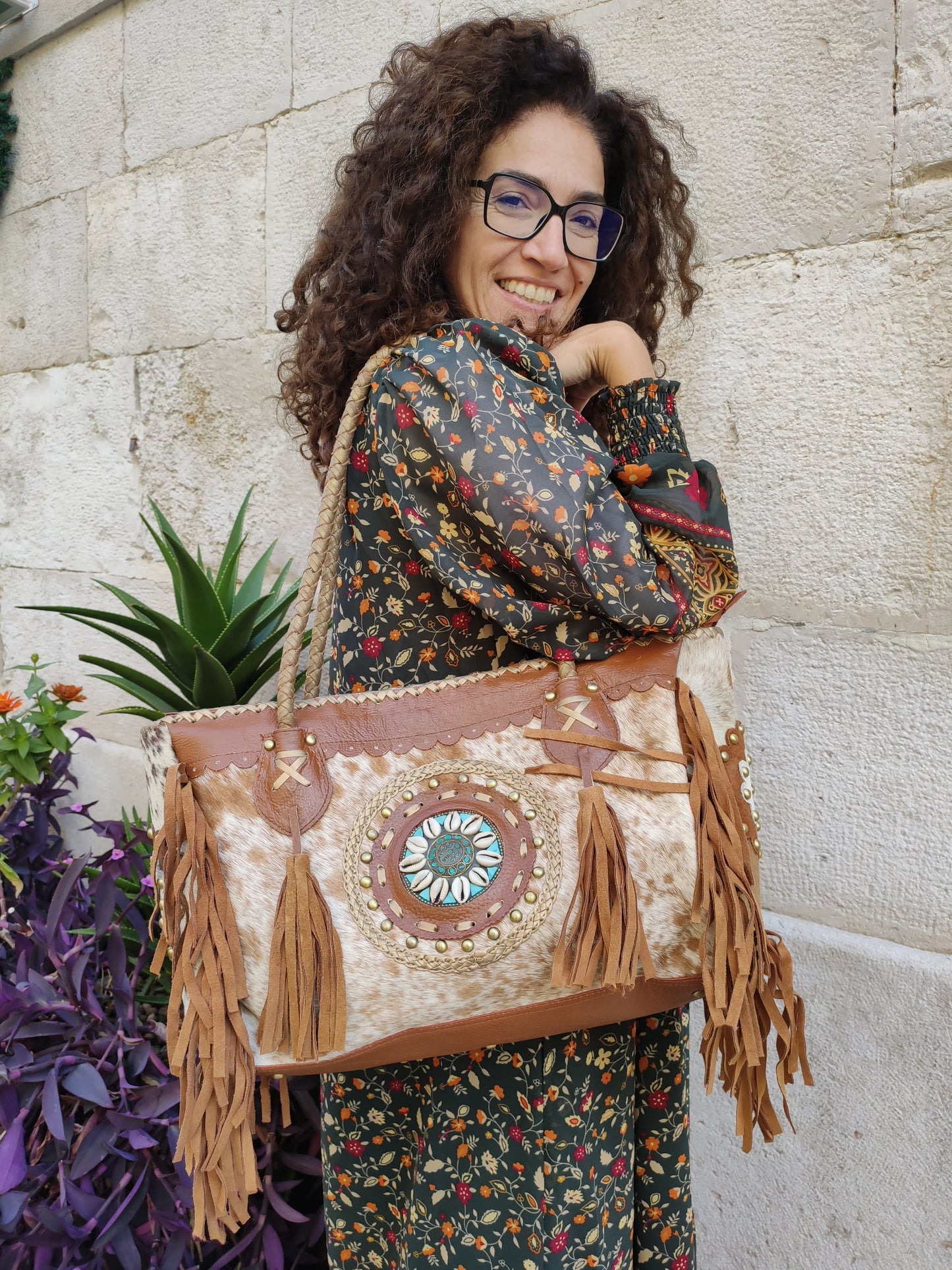 Super outfit cowgirl boho brown black leather shopper bag