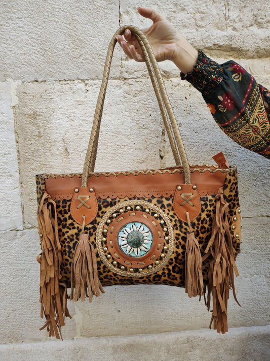 Super outfit cowgirl boho brown black leather shopper bag