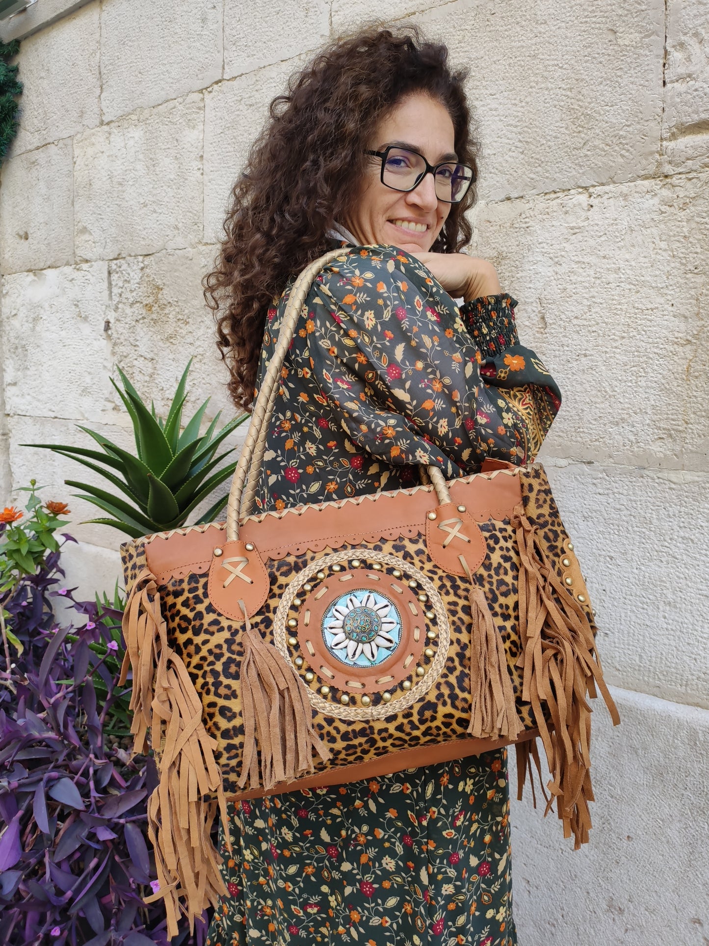 Super outfit cowgirl boho brown black leather shopper bag