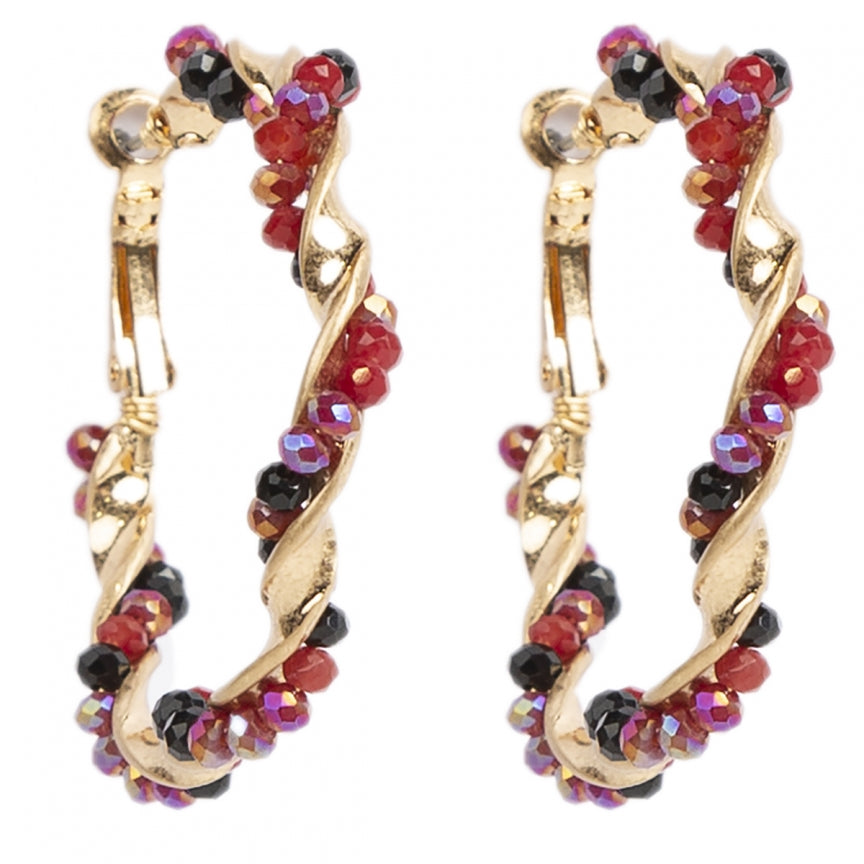 Golden earrings with red beaded circles