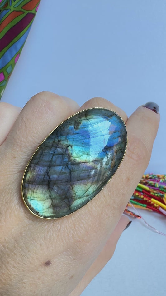 Vergoldeter Labradorit-Ring im Boho-Stil, verstellbar