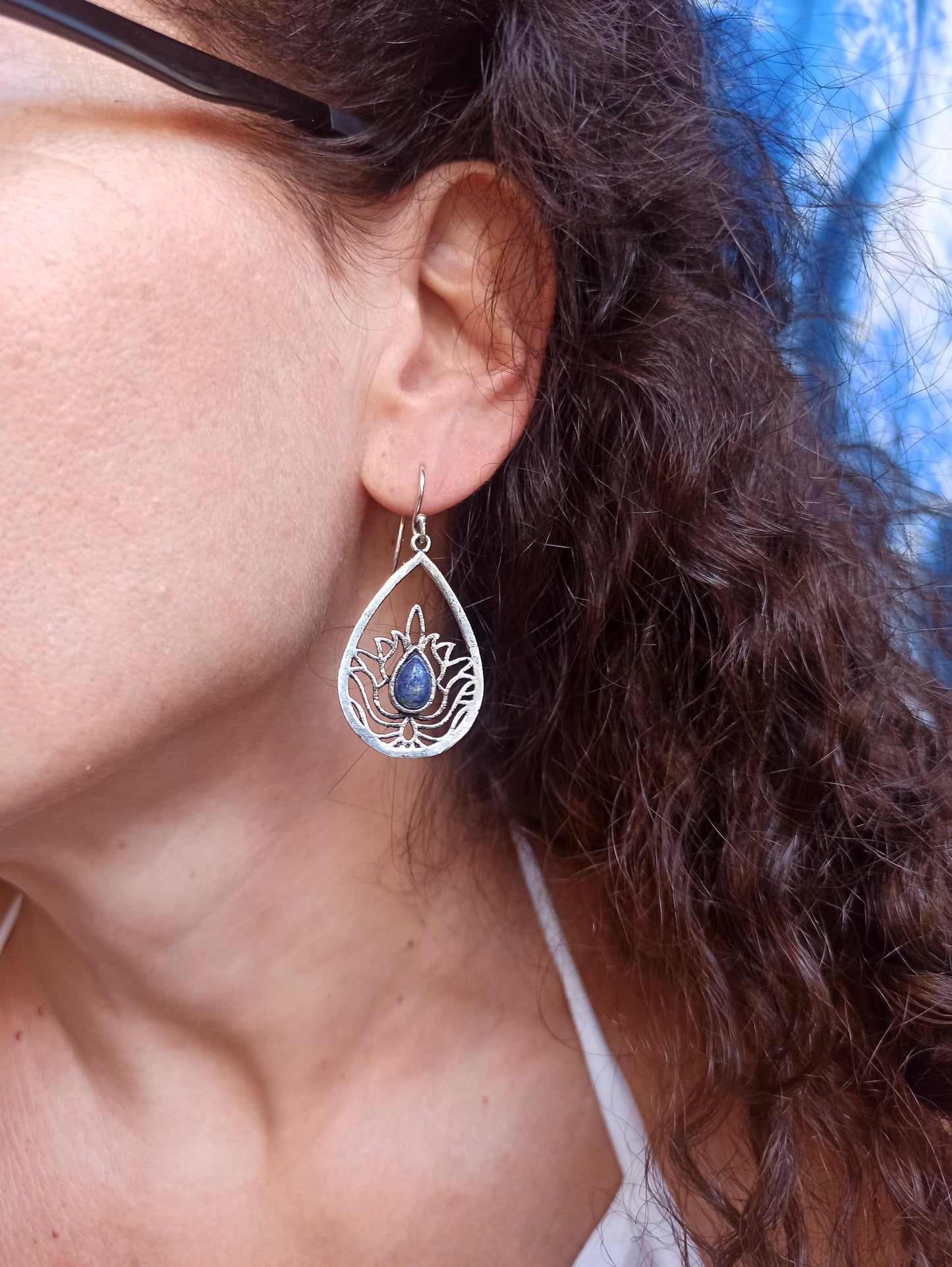 Silver boho earrings with lapis lotus flower drop