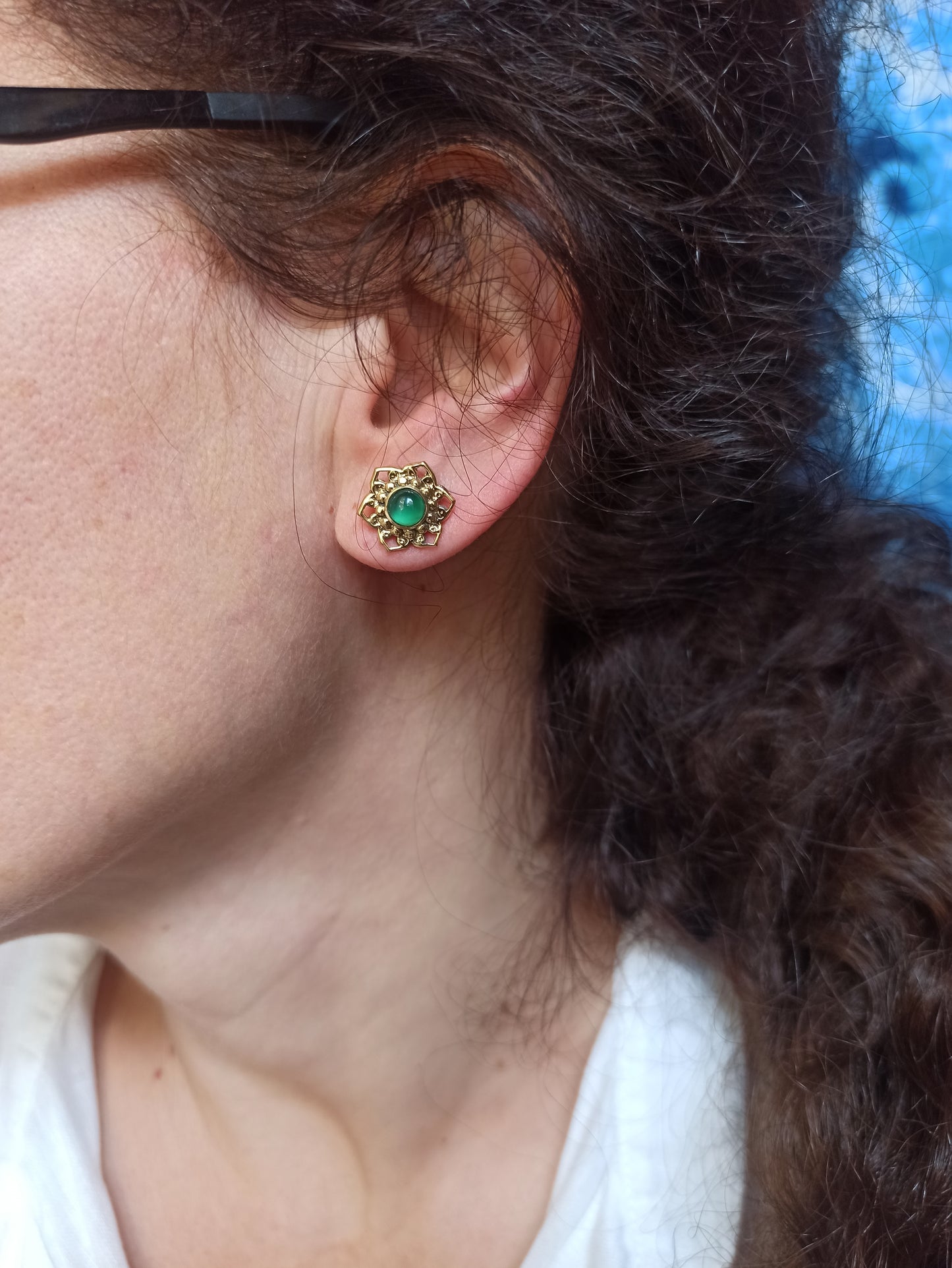 Gold Boho Earrings Green Lobe