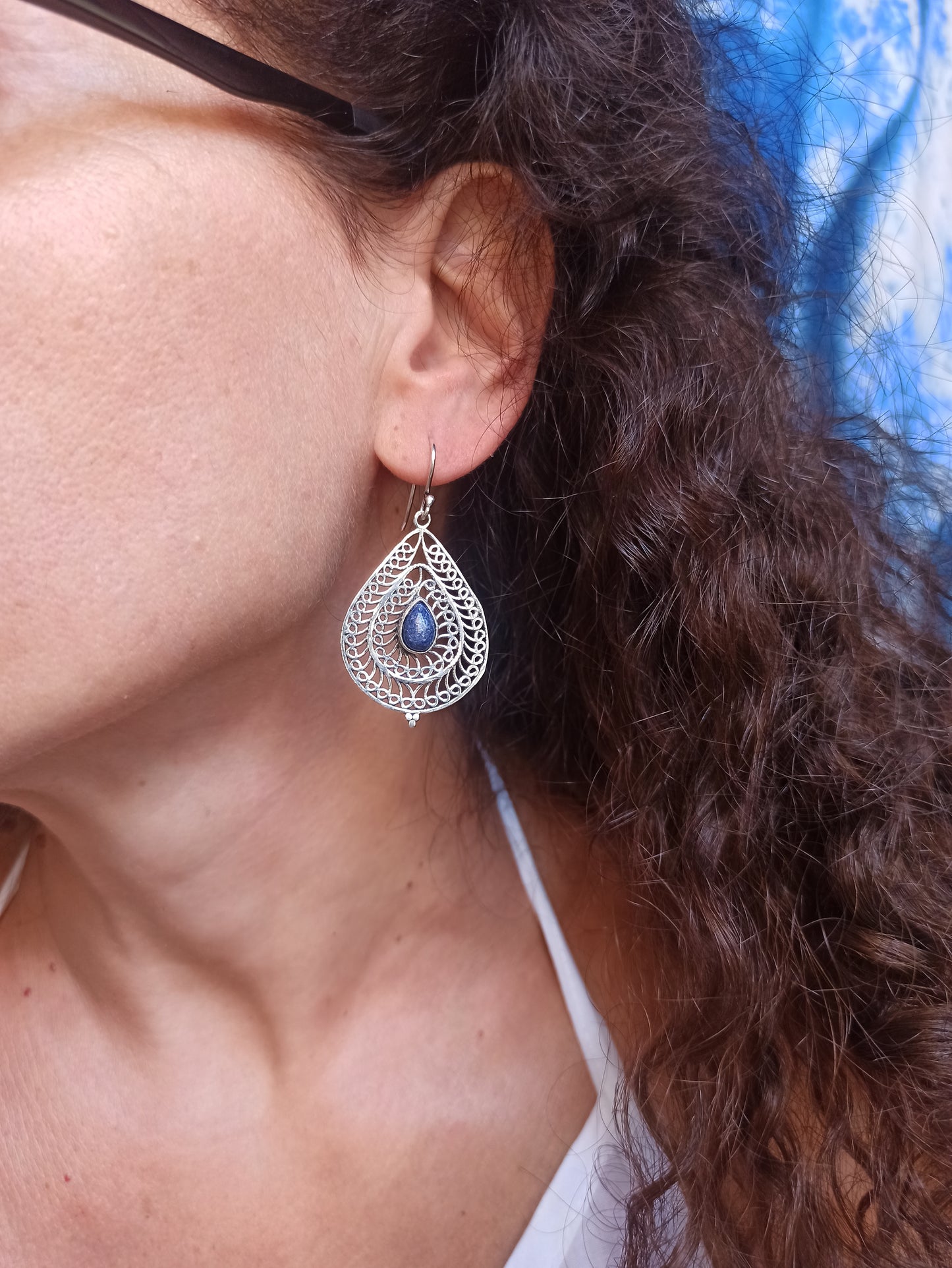 Boho silver lapis pierced drop earrings