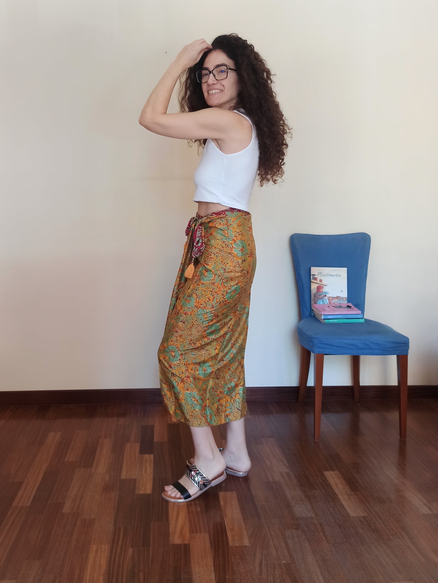 Ecru pareo, burgundy green and gold A73