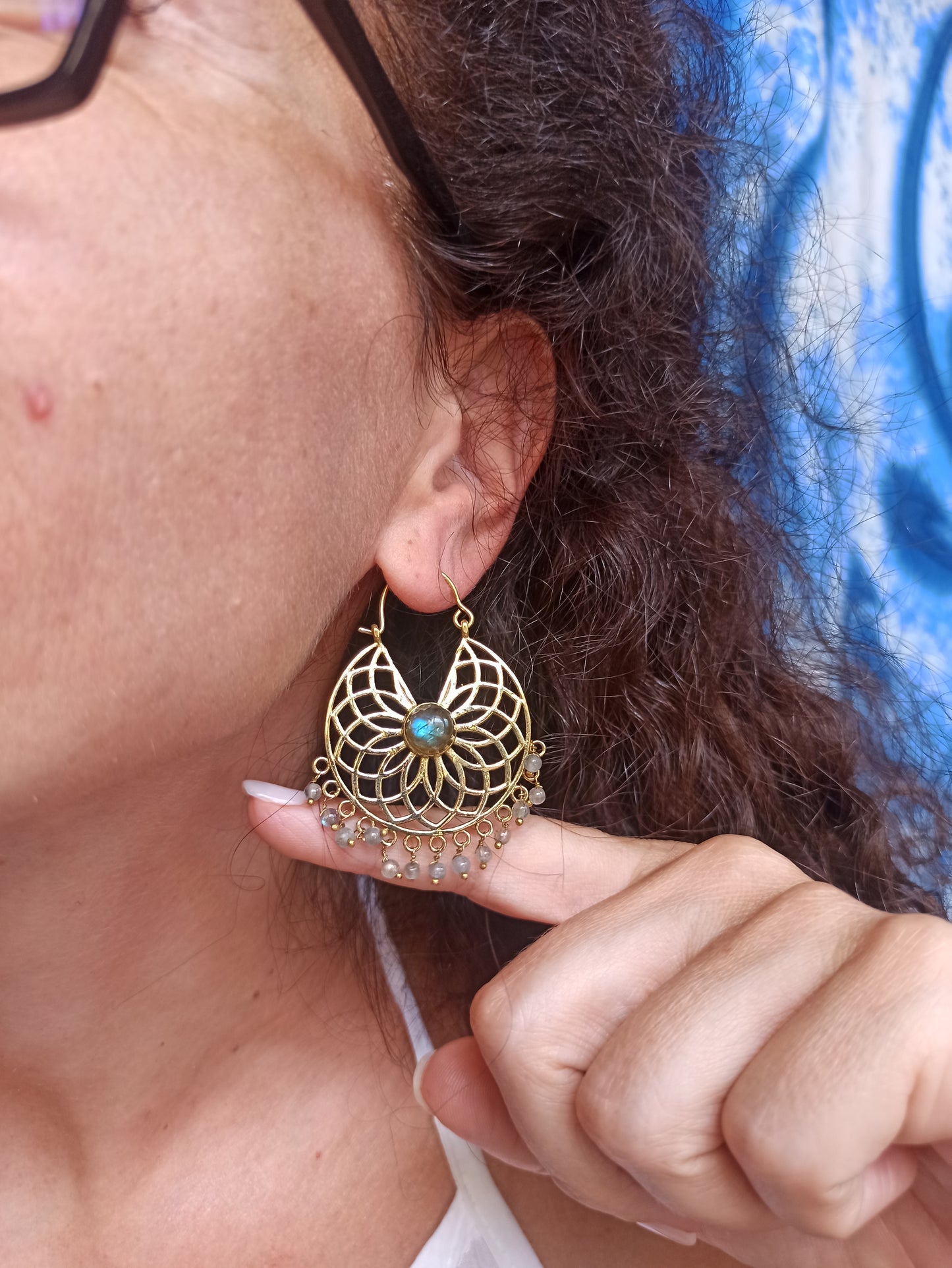 Golden labradorite shield boho earrings