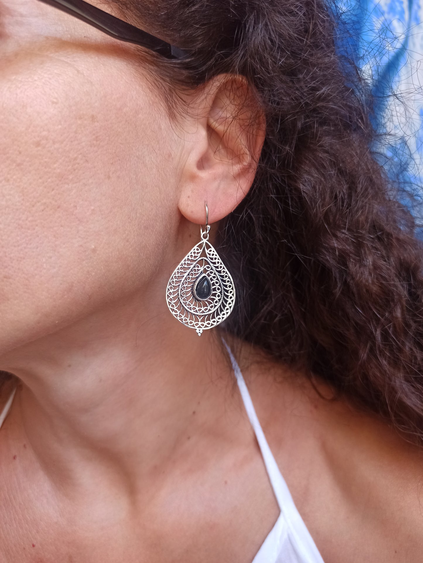 Silver boho onyx pierced drop earrings