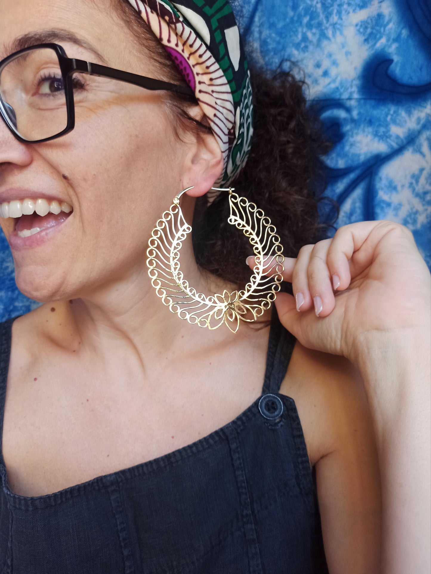 Giant lotus hoop gold boho earrings