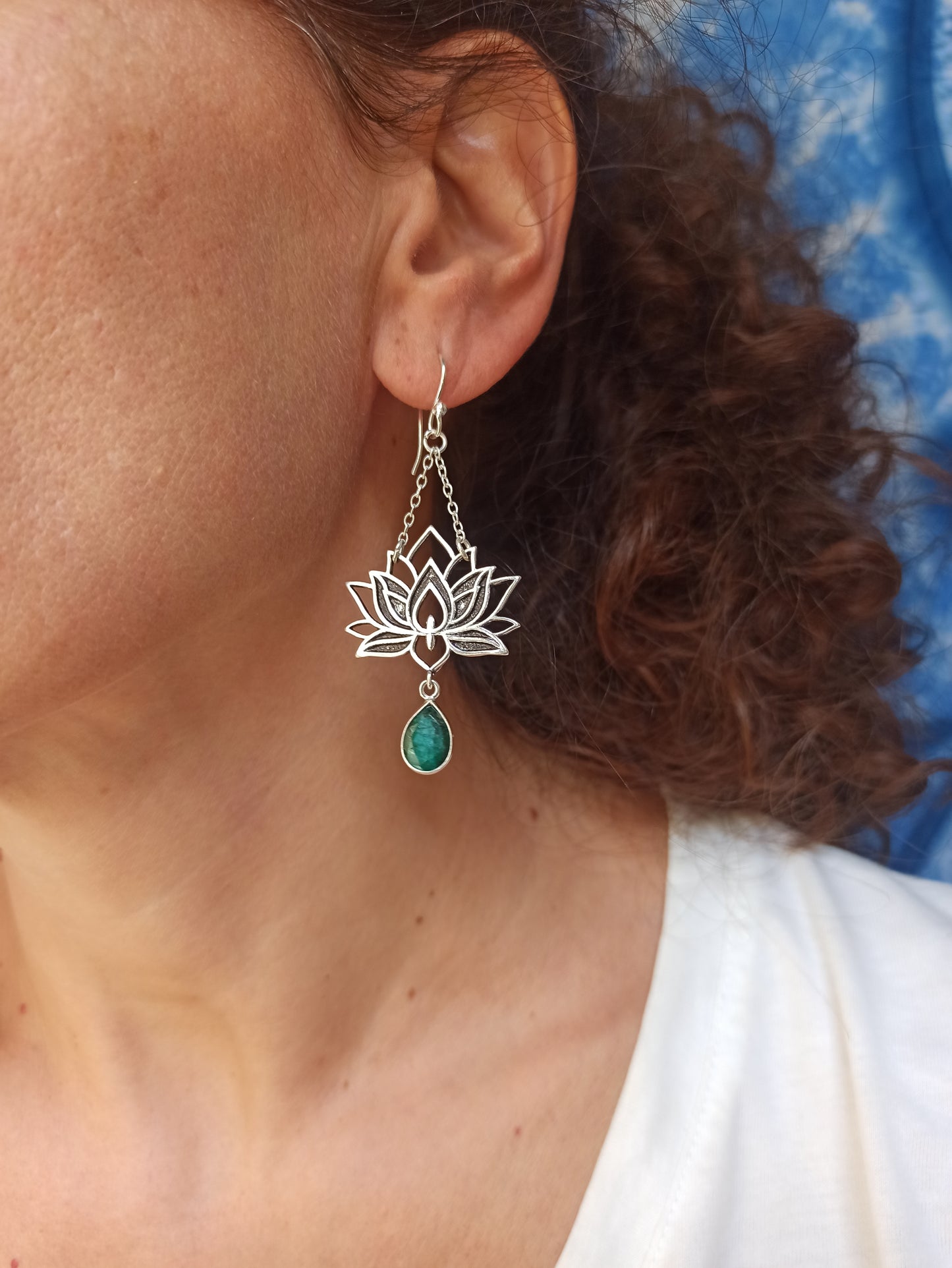 Green silver boho earrings