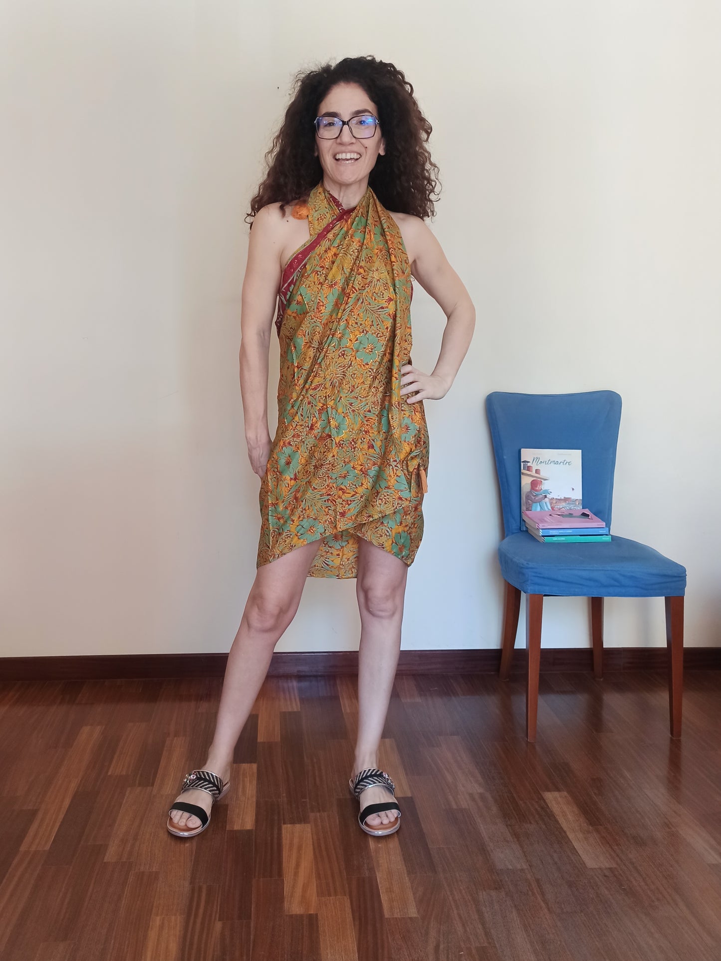 Ecru pareo, burgundy green and gold A73