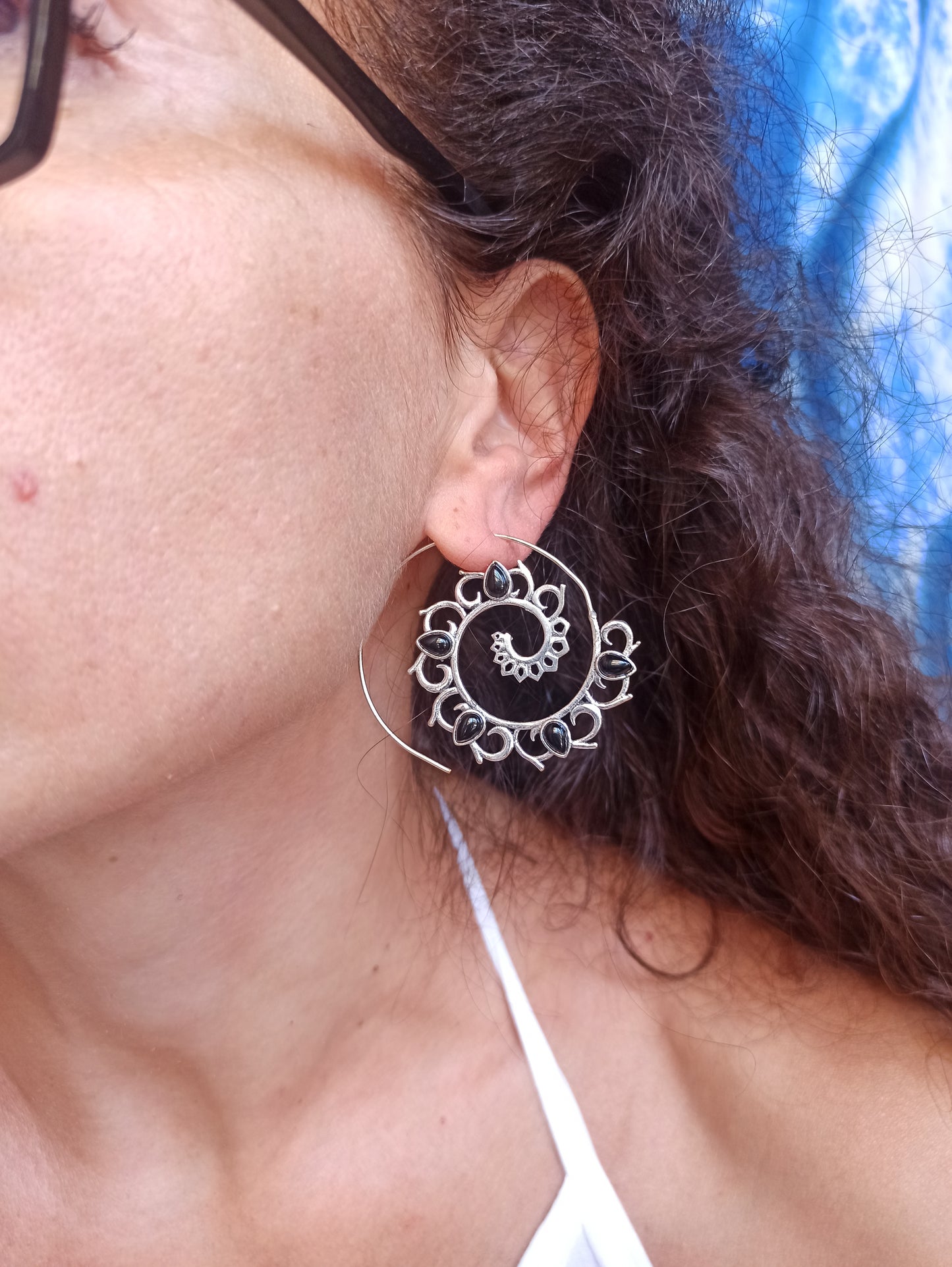 Silver onyx spiral boho earrings