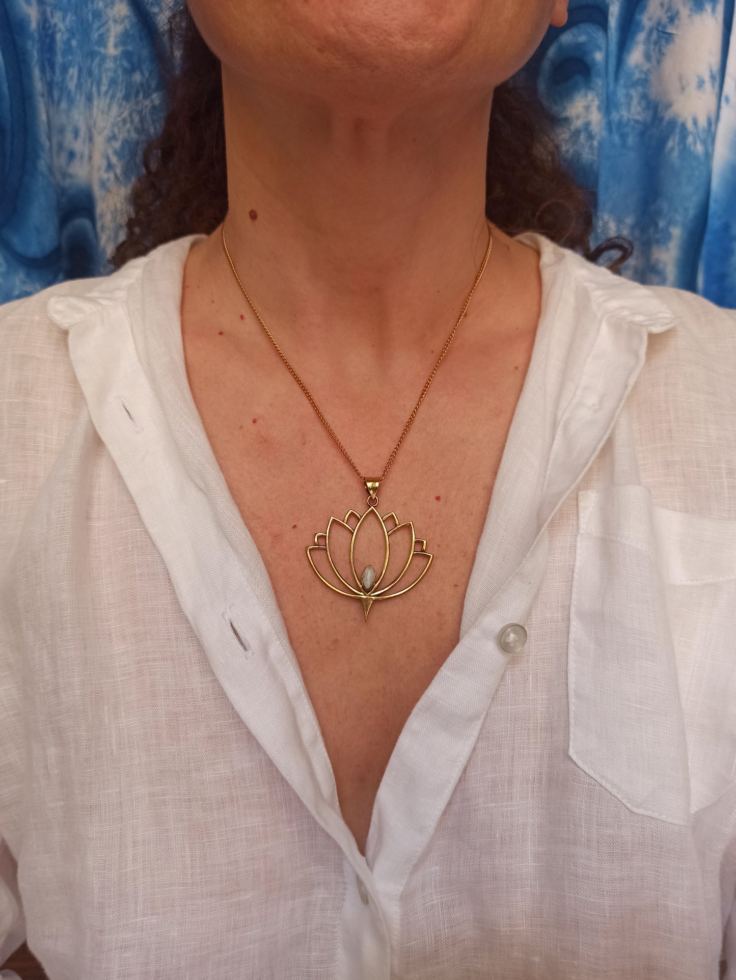 Golden necklace with moonstone lotus flower pendant