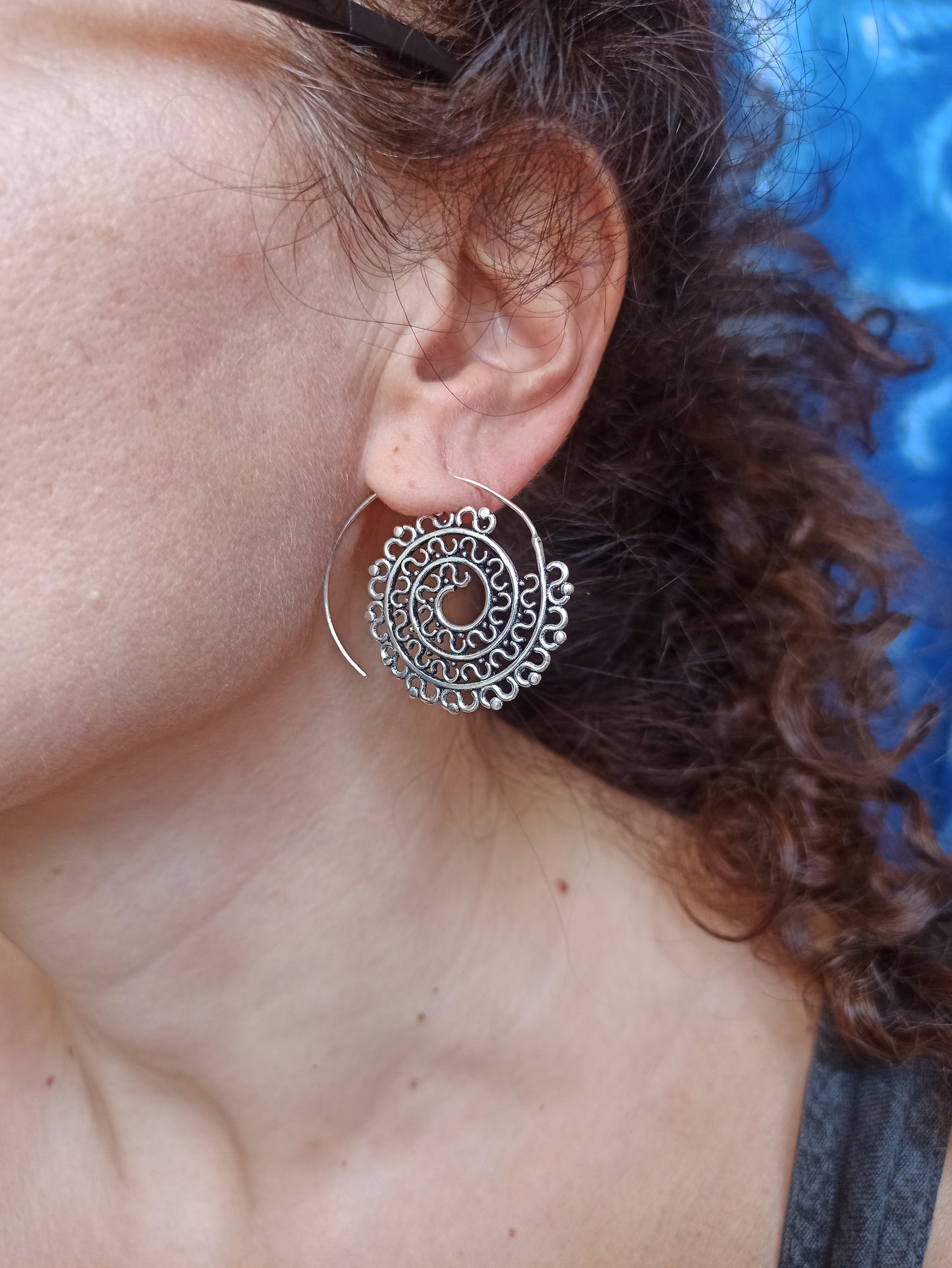 Silver spiral lace boho earrings