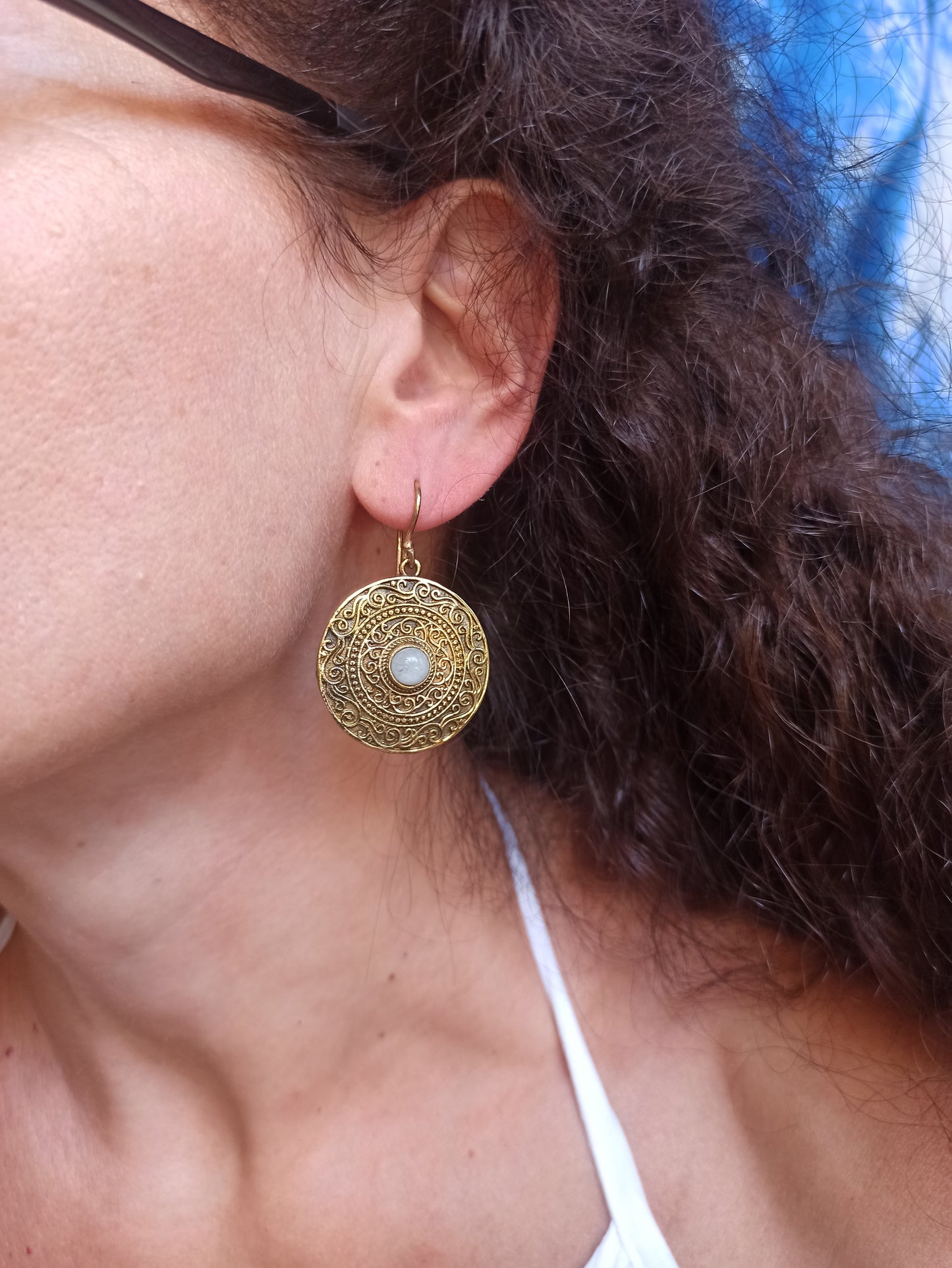 Golden labradorite shield boho earrings