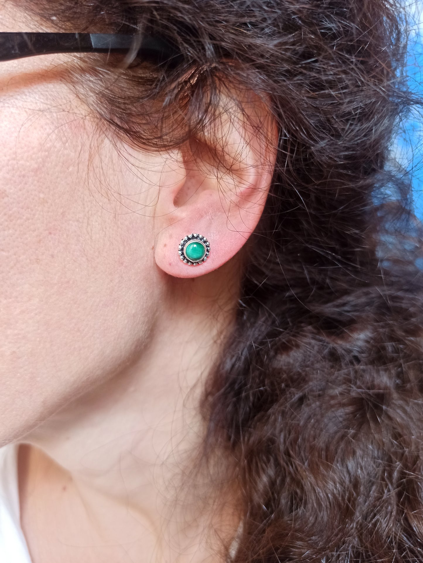 Silver Boho Earrings Green Lobe