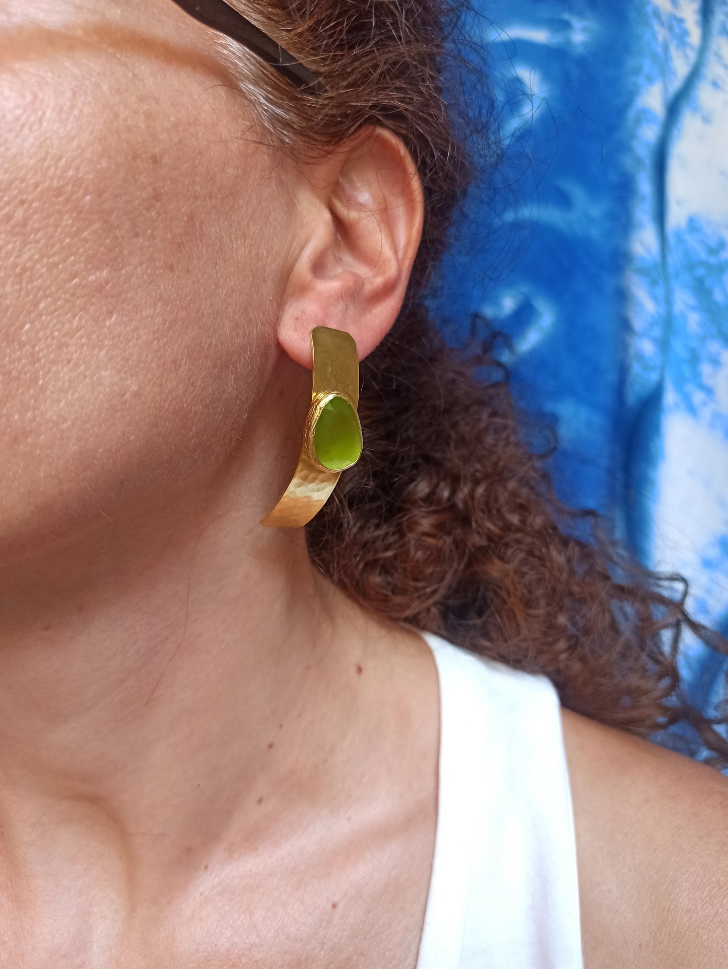 Long acid green shield earrings