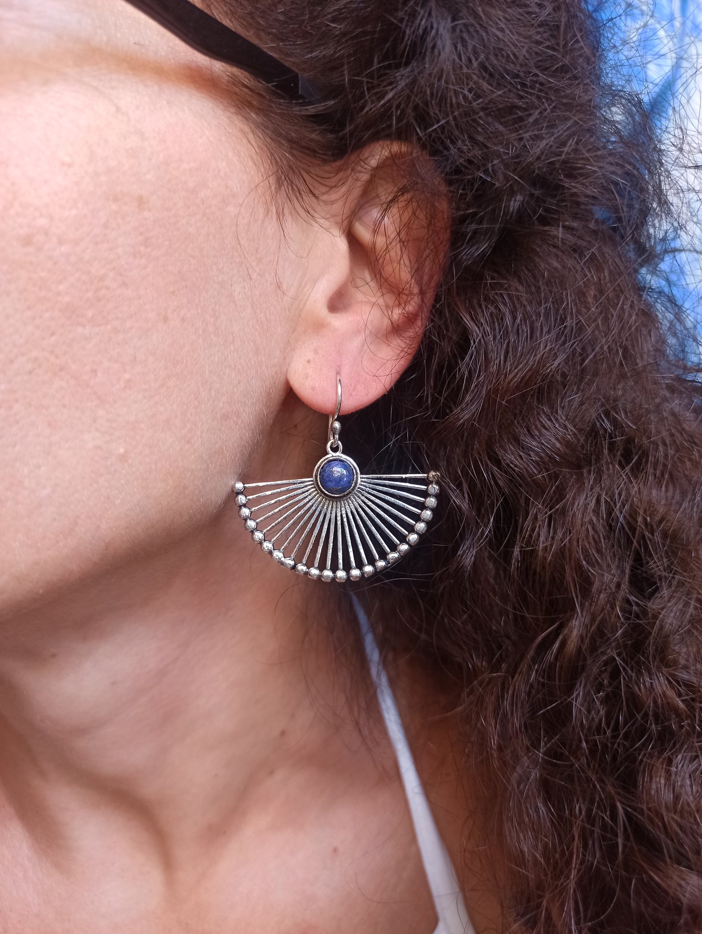 Boho silver lapis fan earrings