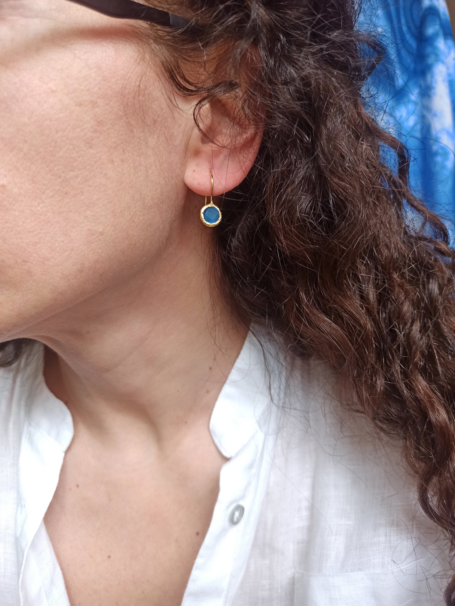 Mini round light blue stone earrings