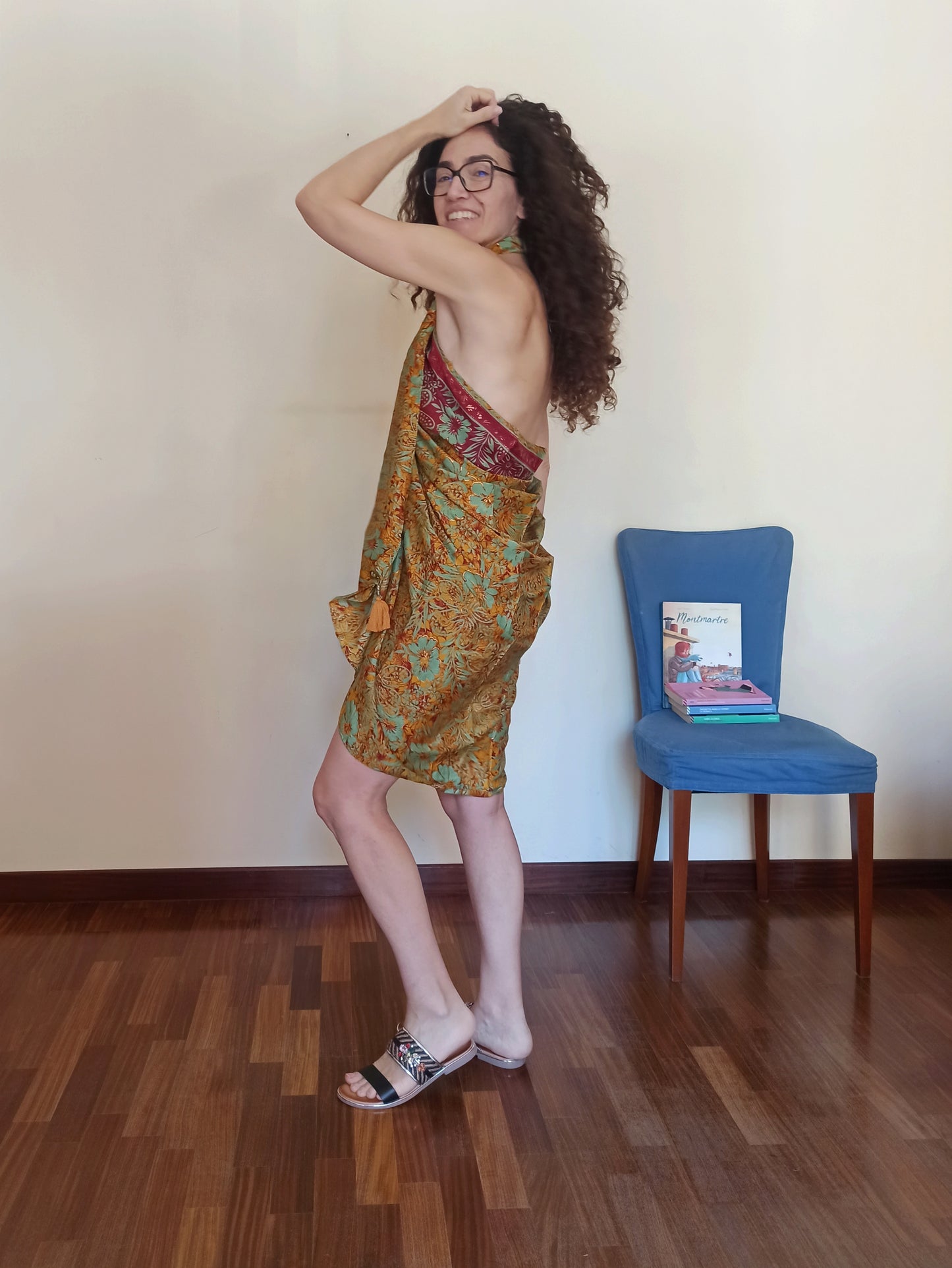 Ecru pareo, burgundy green and gold A73