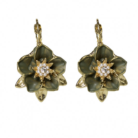 Golden green flower earrings