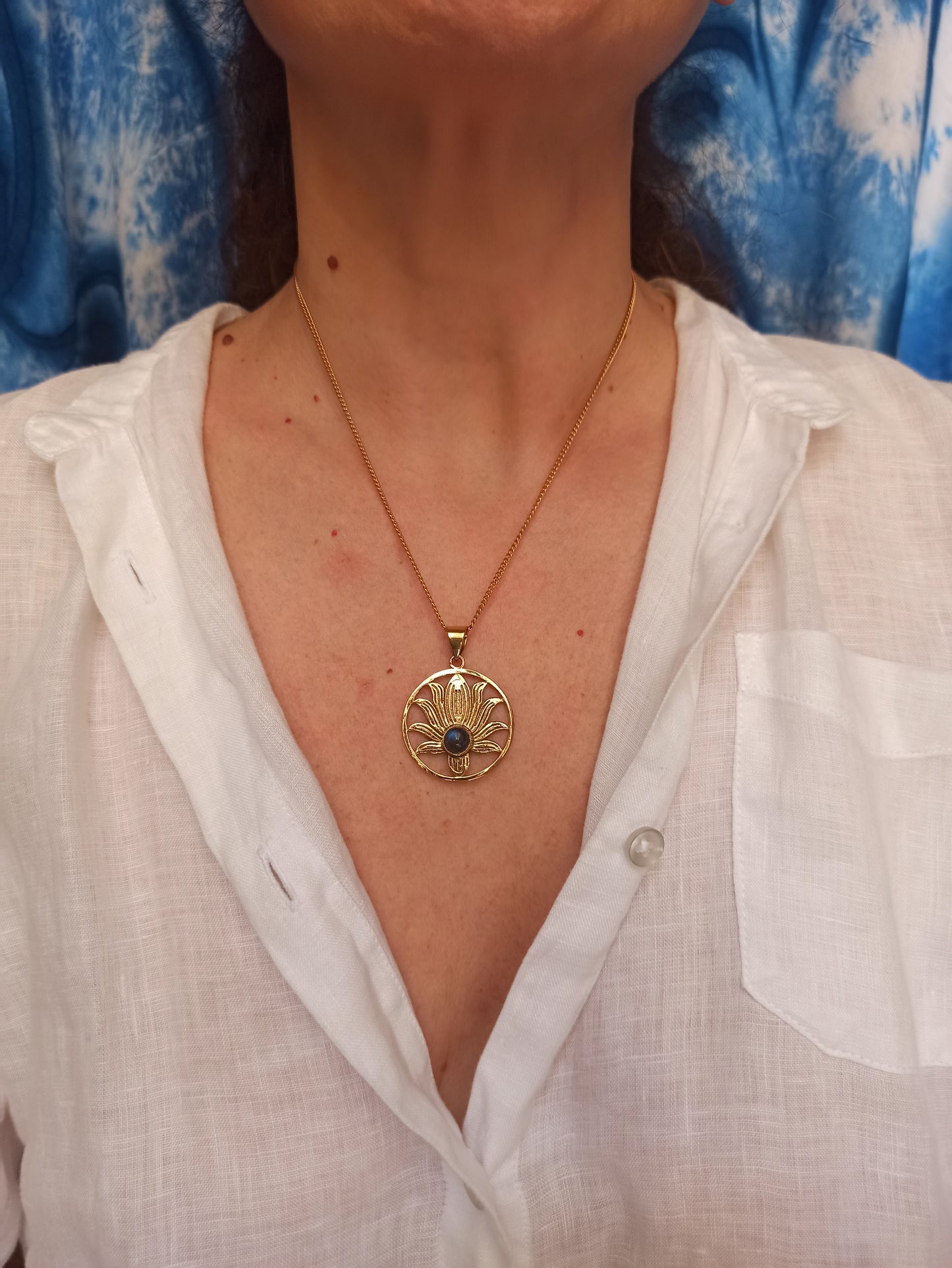 Golden necklace with labradorite lotus flower pendant