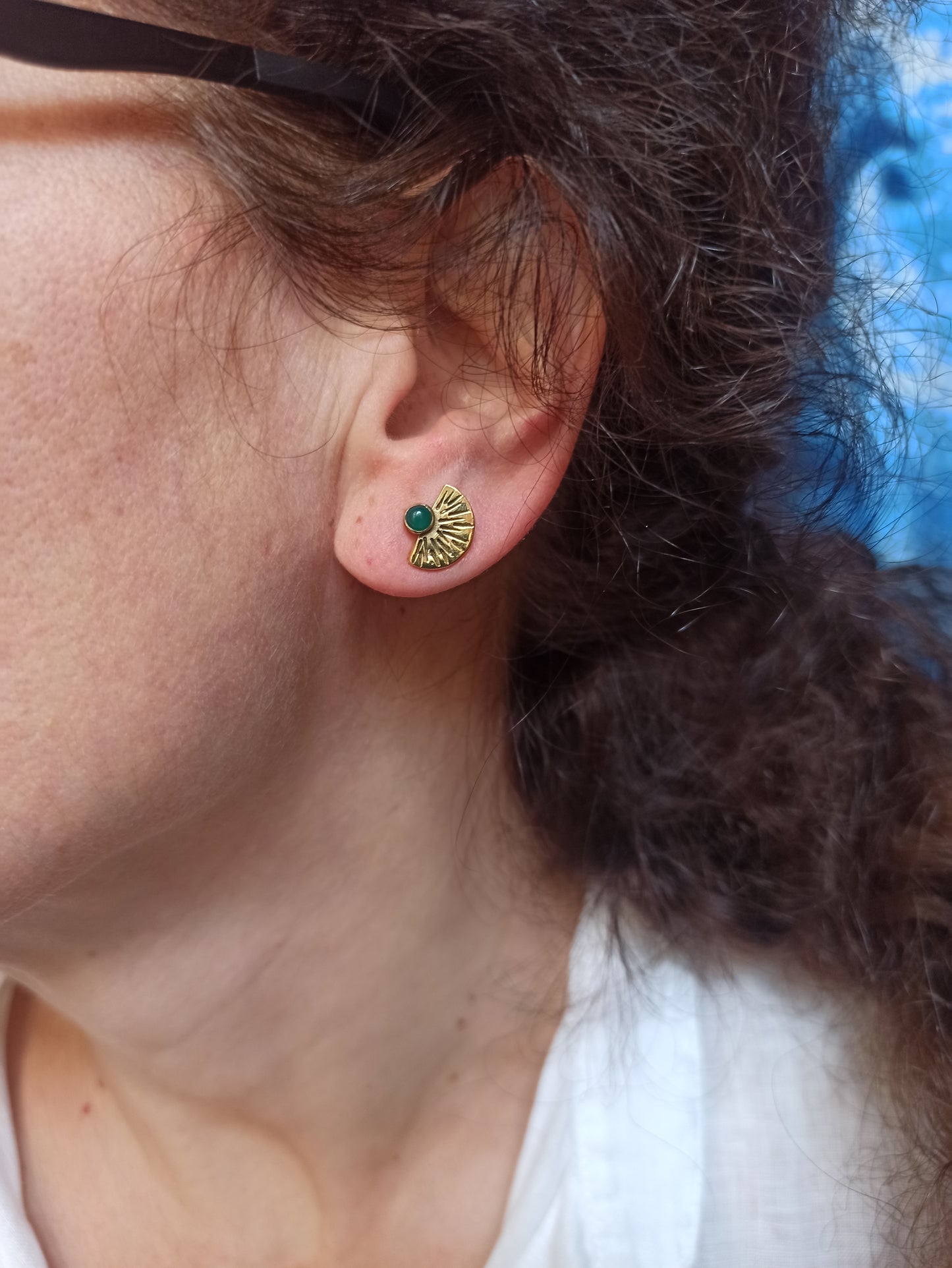 Gold Boho Earrings Green Lobe