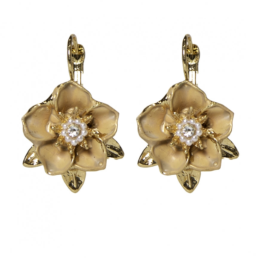 Beige flower golden earrings