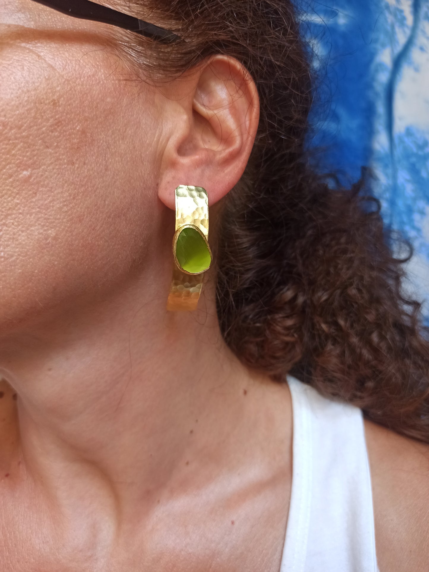 Long acid green shield earrings
