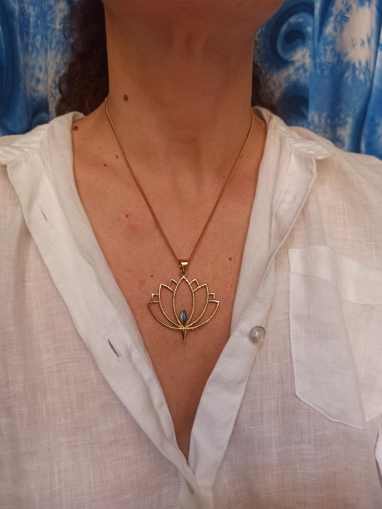 Golden necklace with labradorite lotus flower pendant