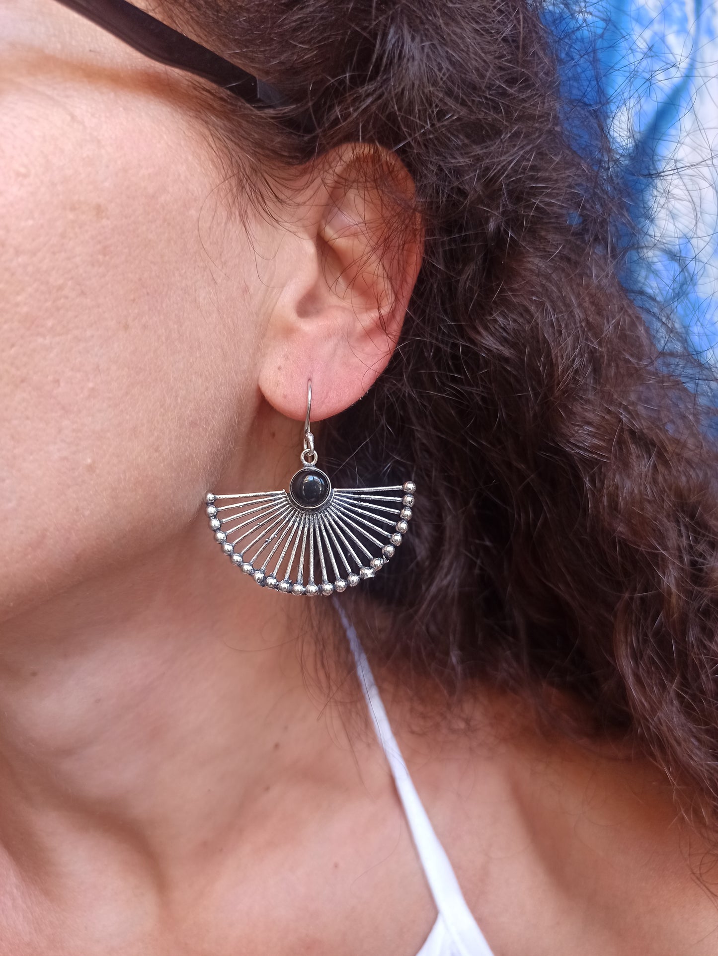 Boho silver onyx fan earrings