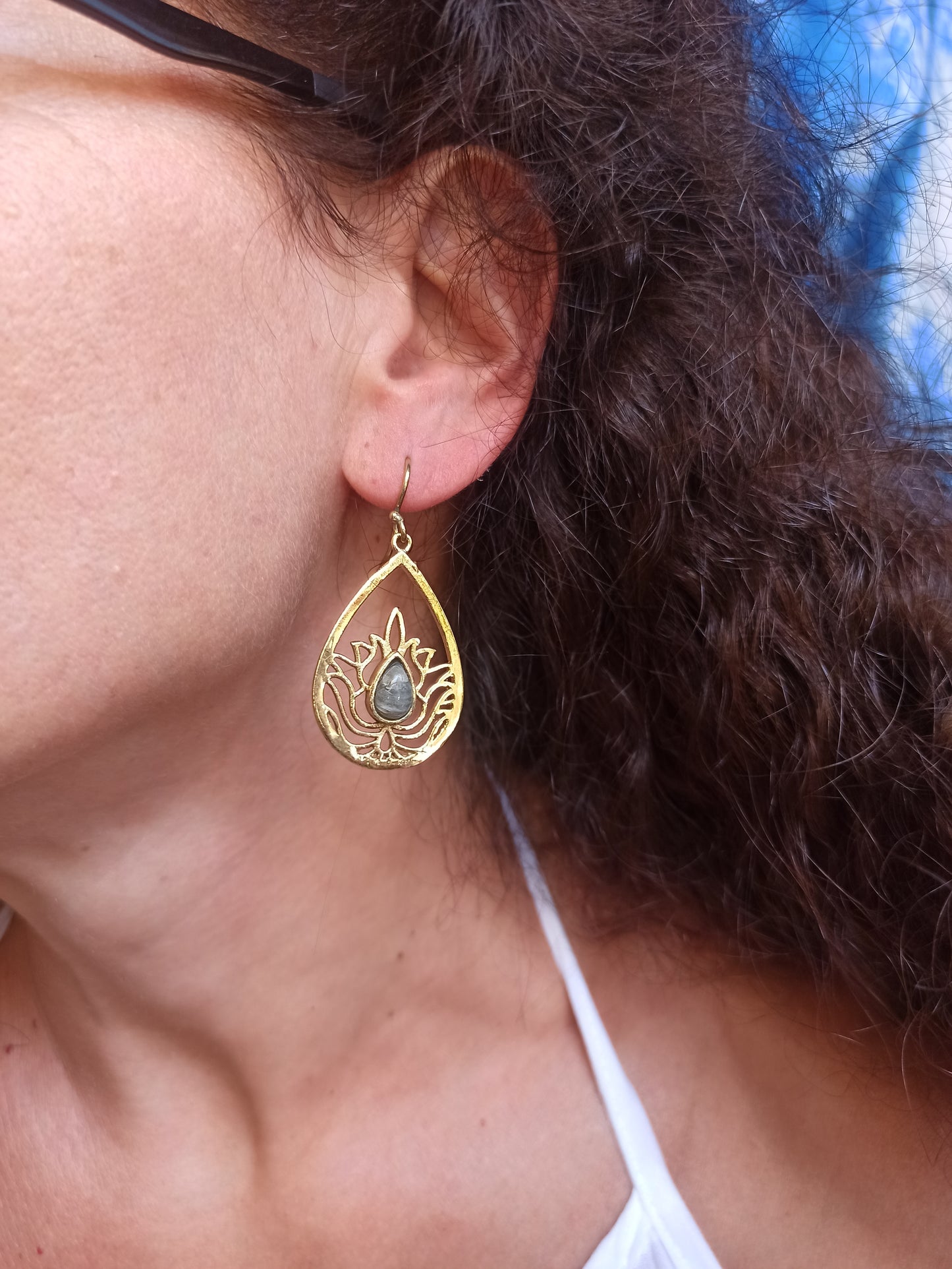 Golden boho labradorite lotus flower drop earrings