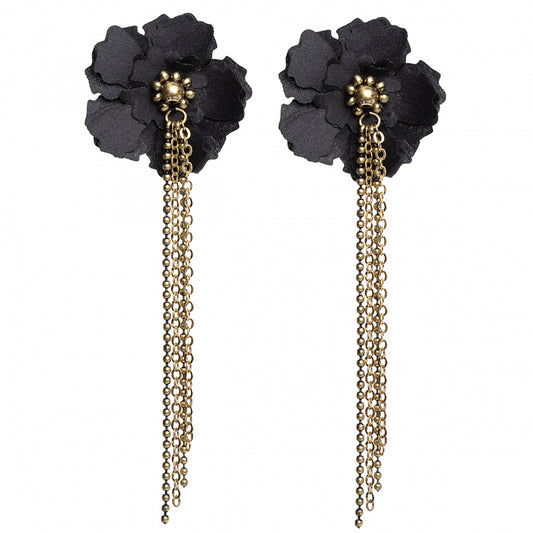 Golden pendant earrings with black fabric flower