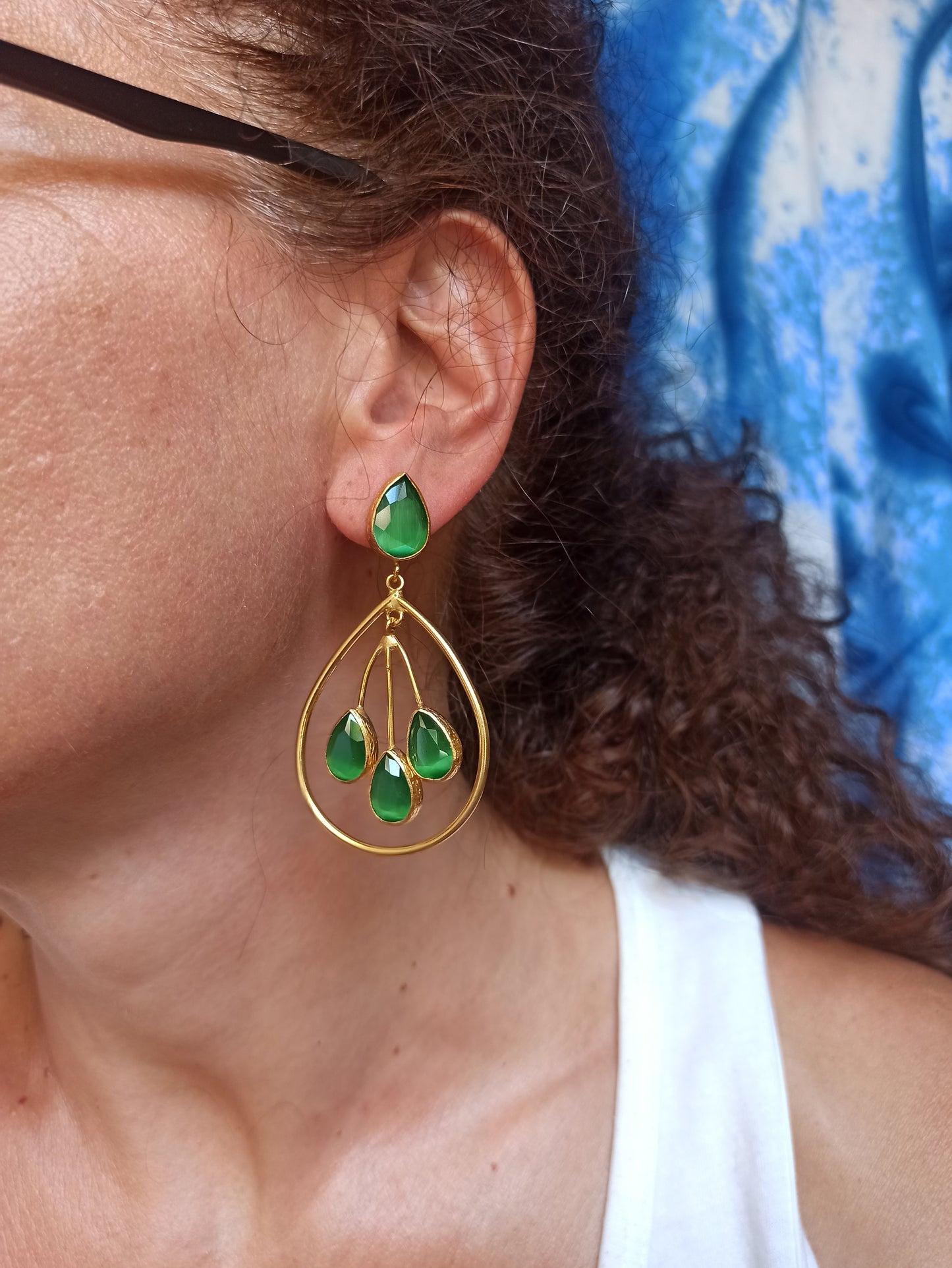 Three-stone green drop earrings