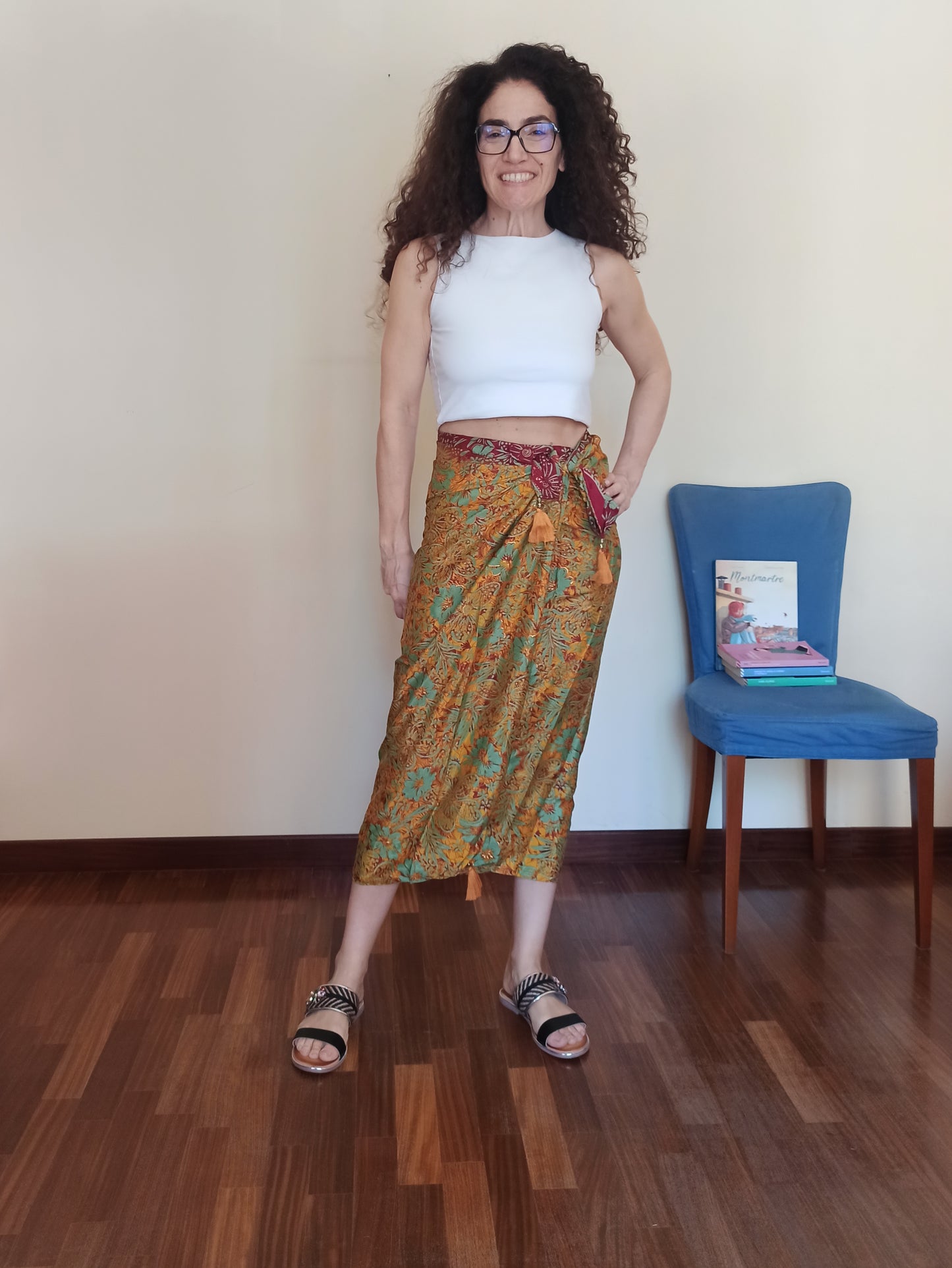 Ecru pareo, burgundy green and gold A73