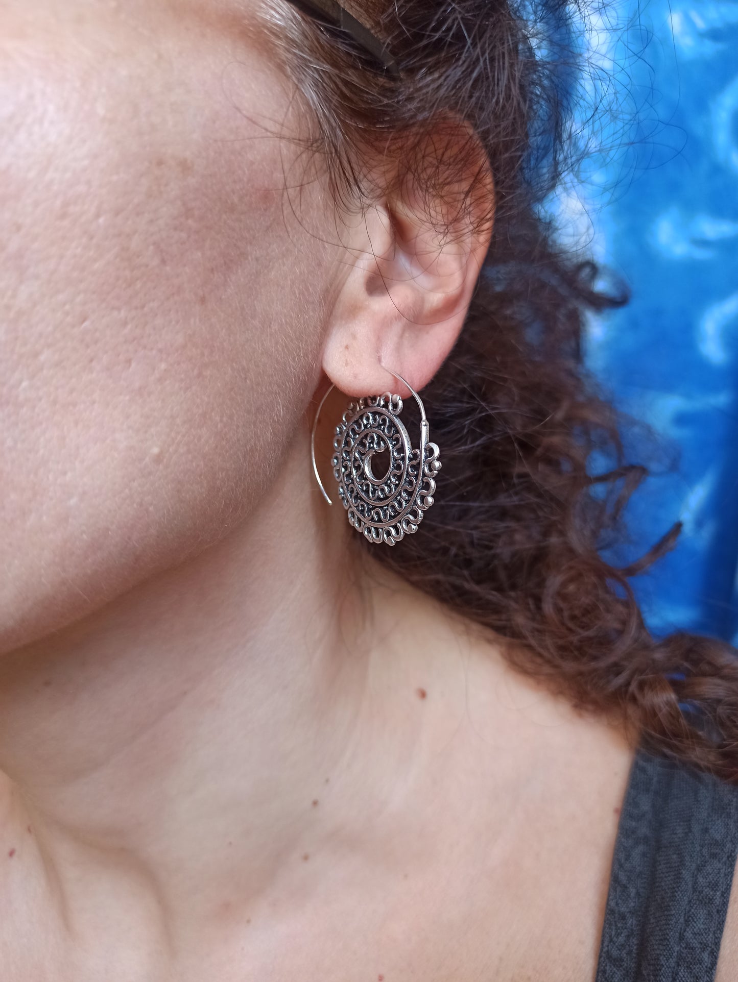 Silver spiral lace boho earrings