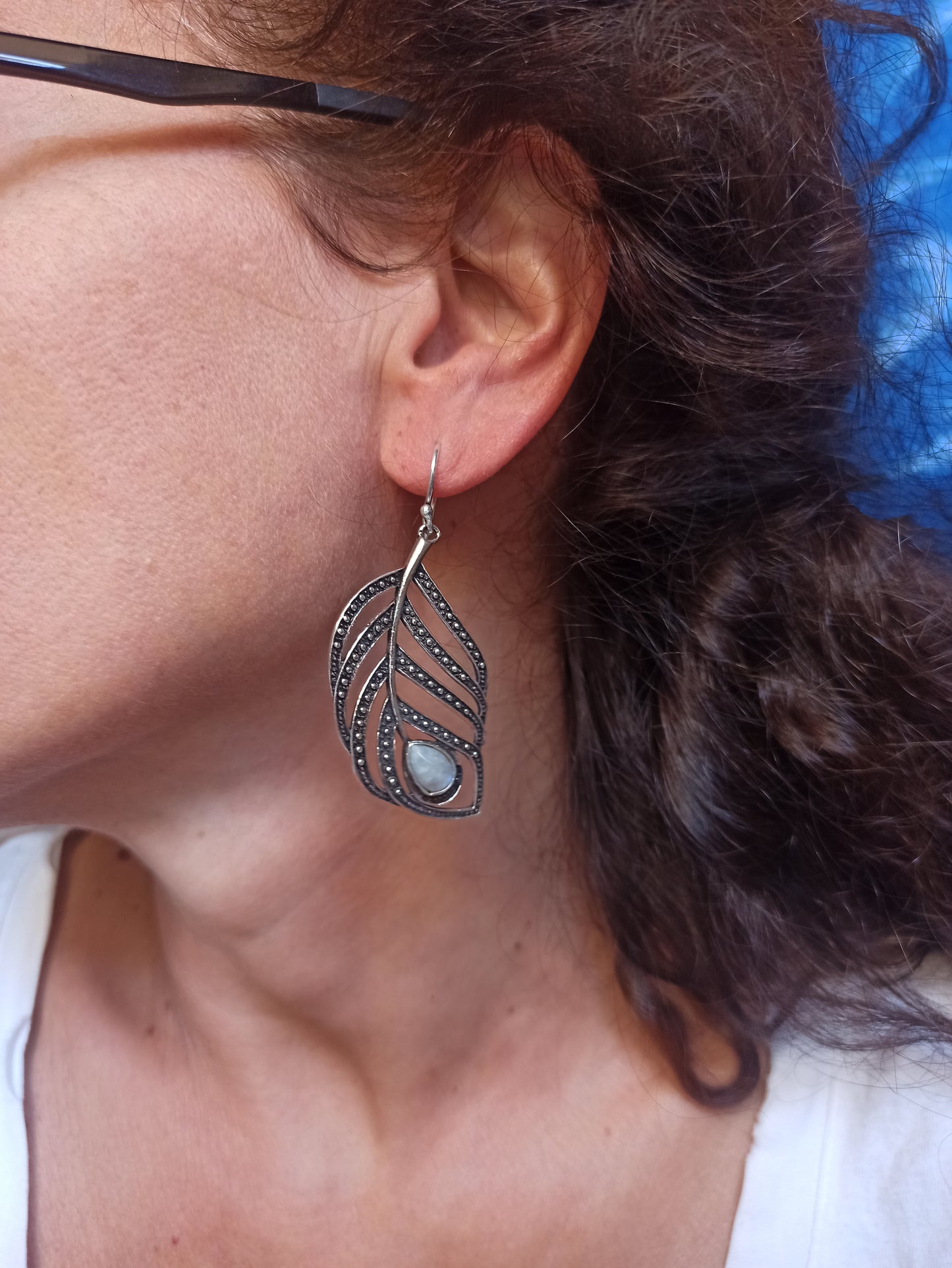 Moonstone Feather Silver Boho Earrings