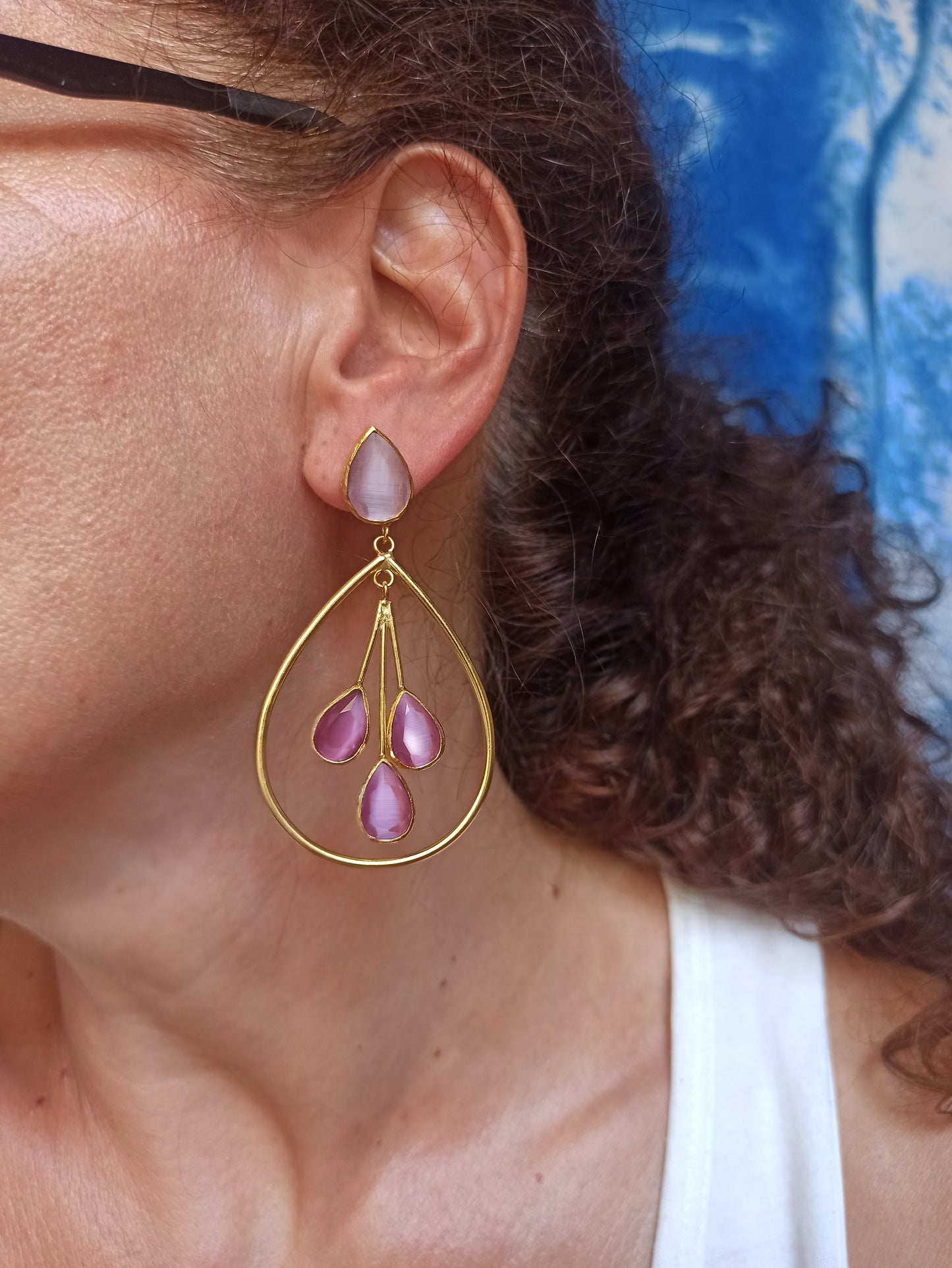 Three-stone pink drop earrings