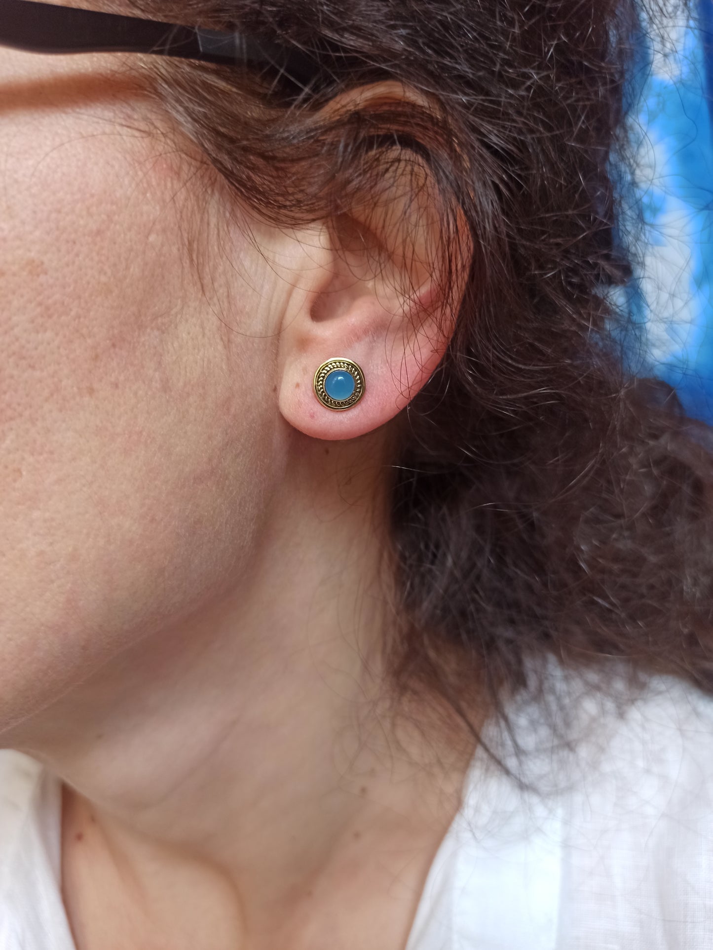 Golden boho earrings light blue lobe