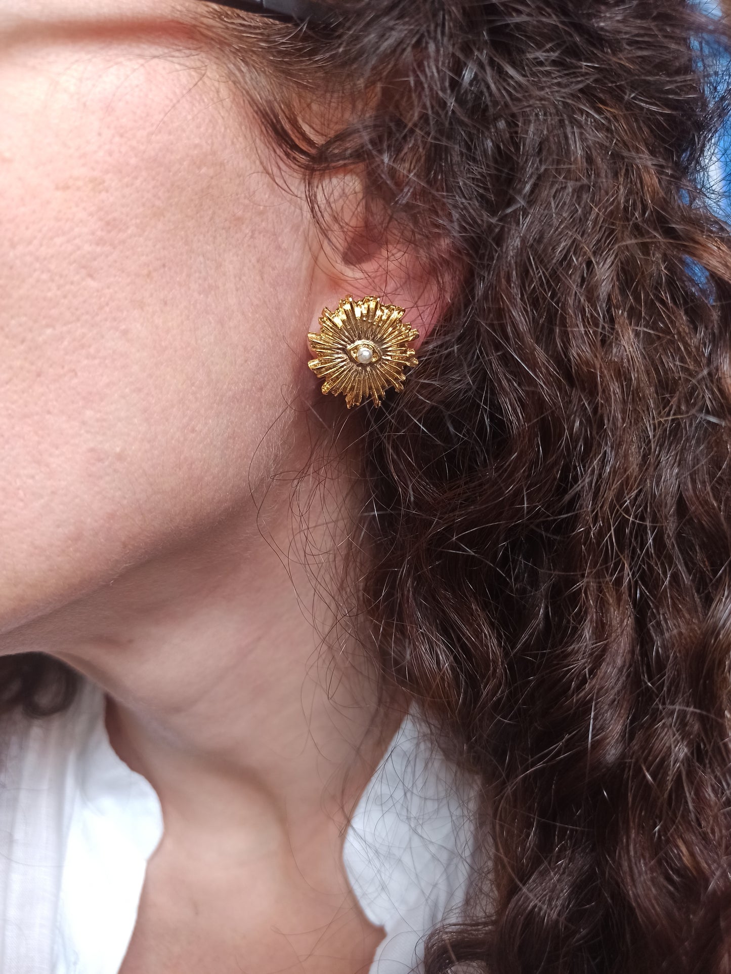 Golden Turkish sun eye pearl earrings