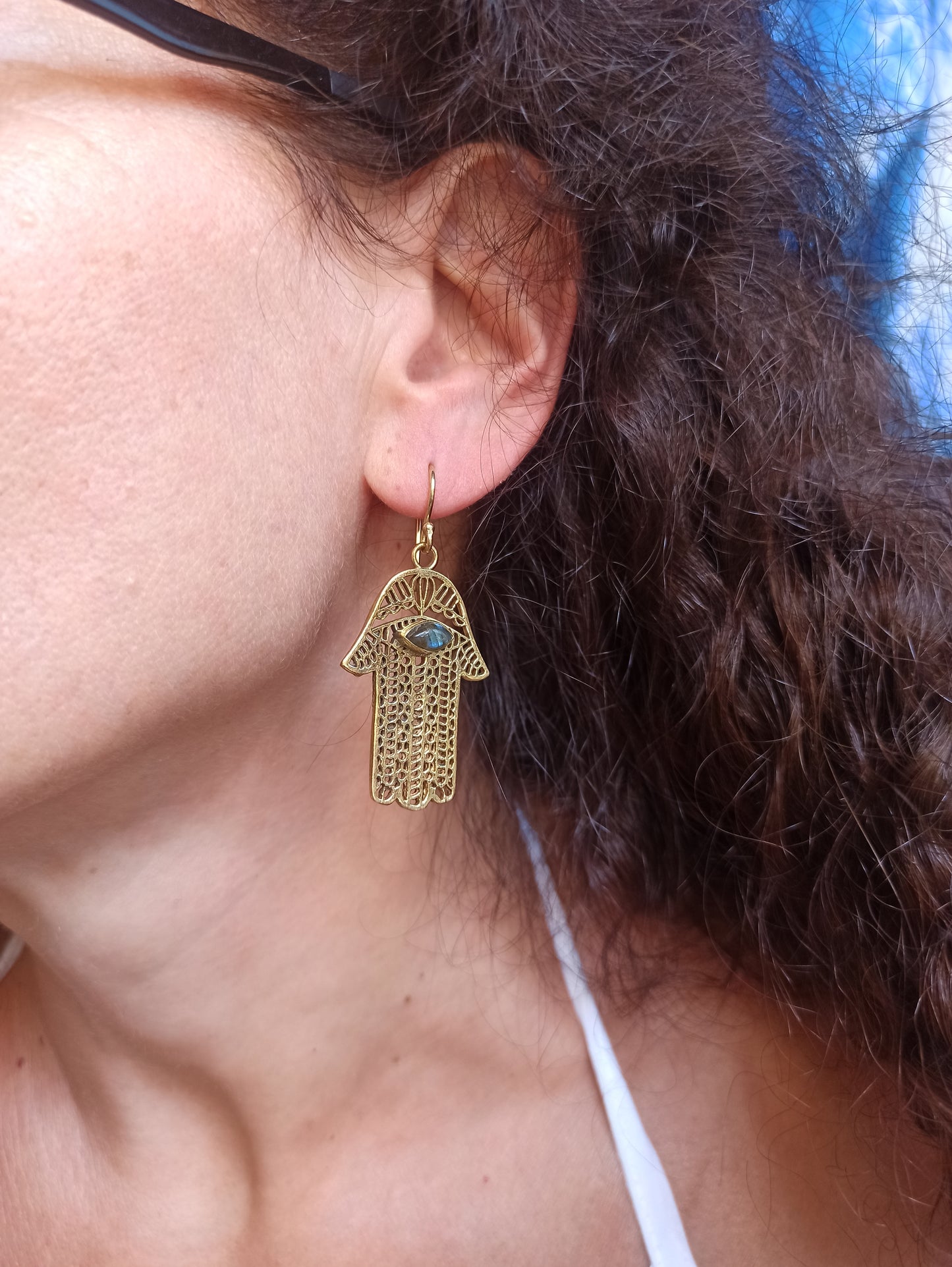 Golden labradorite shield boho earrings