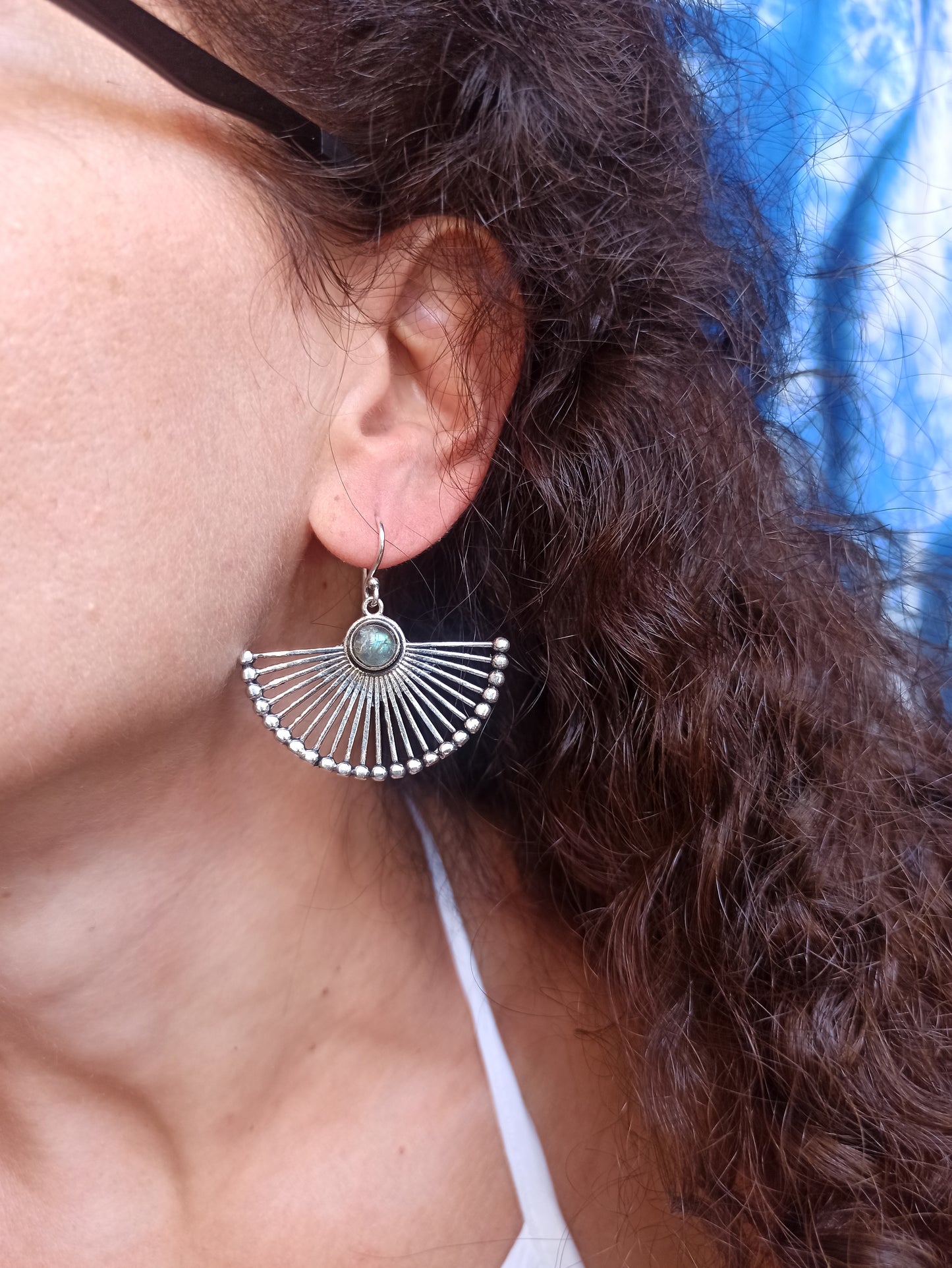 Boho silvery labradorite fan earrings