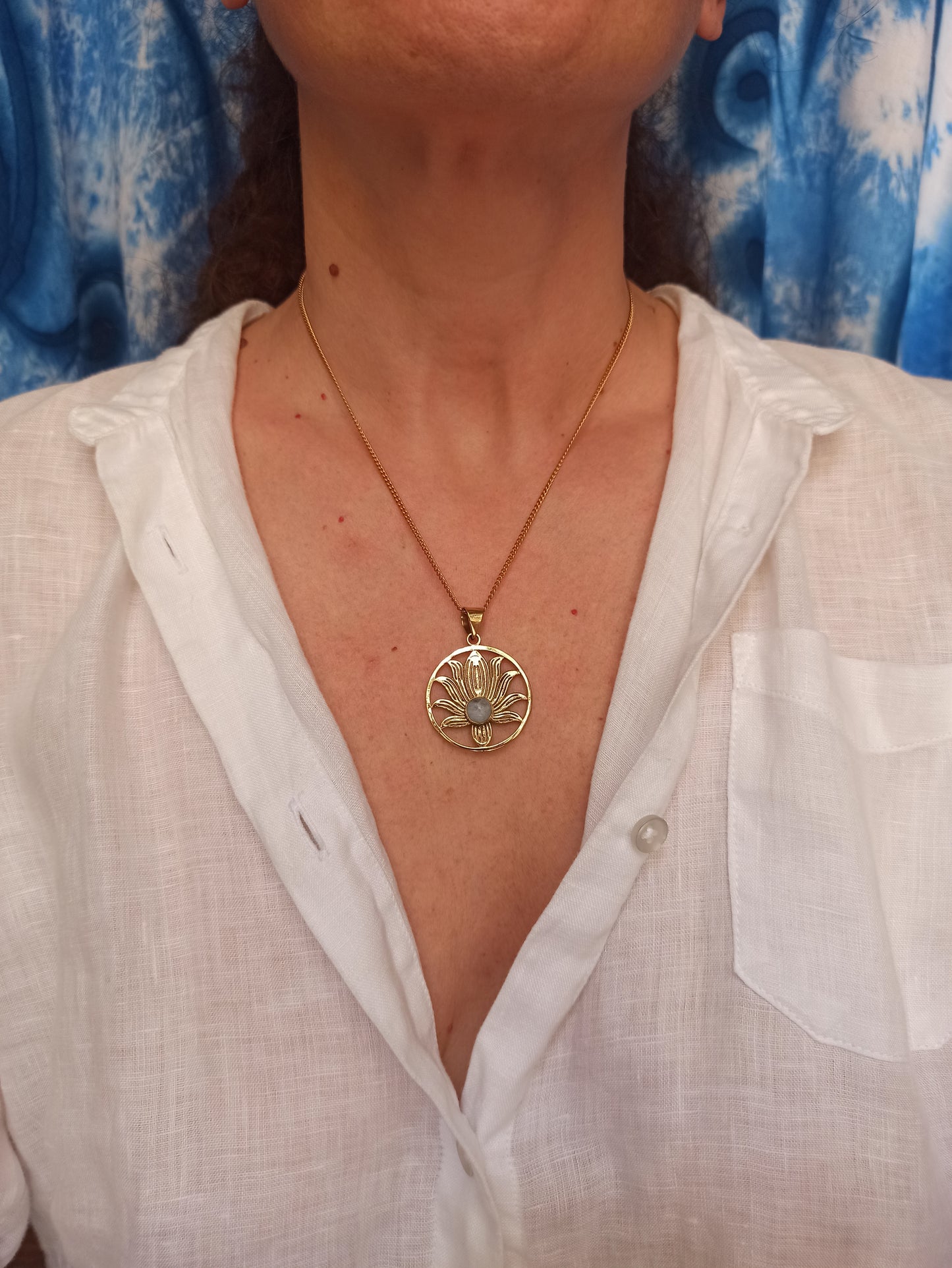 Golden necklace with moonstone lotus flower pendant