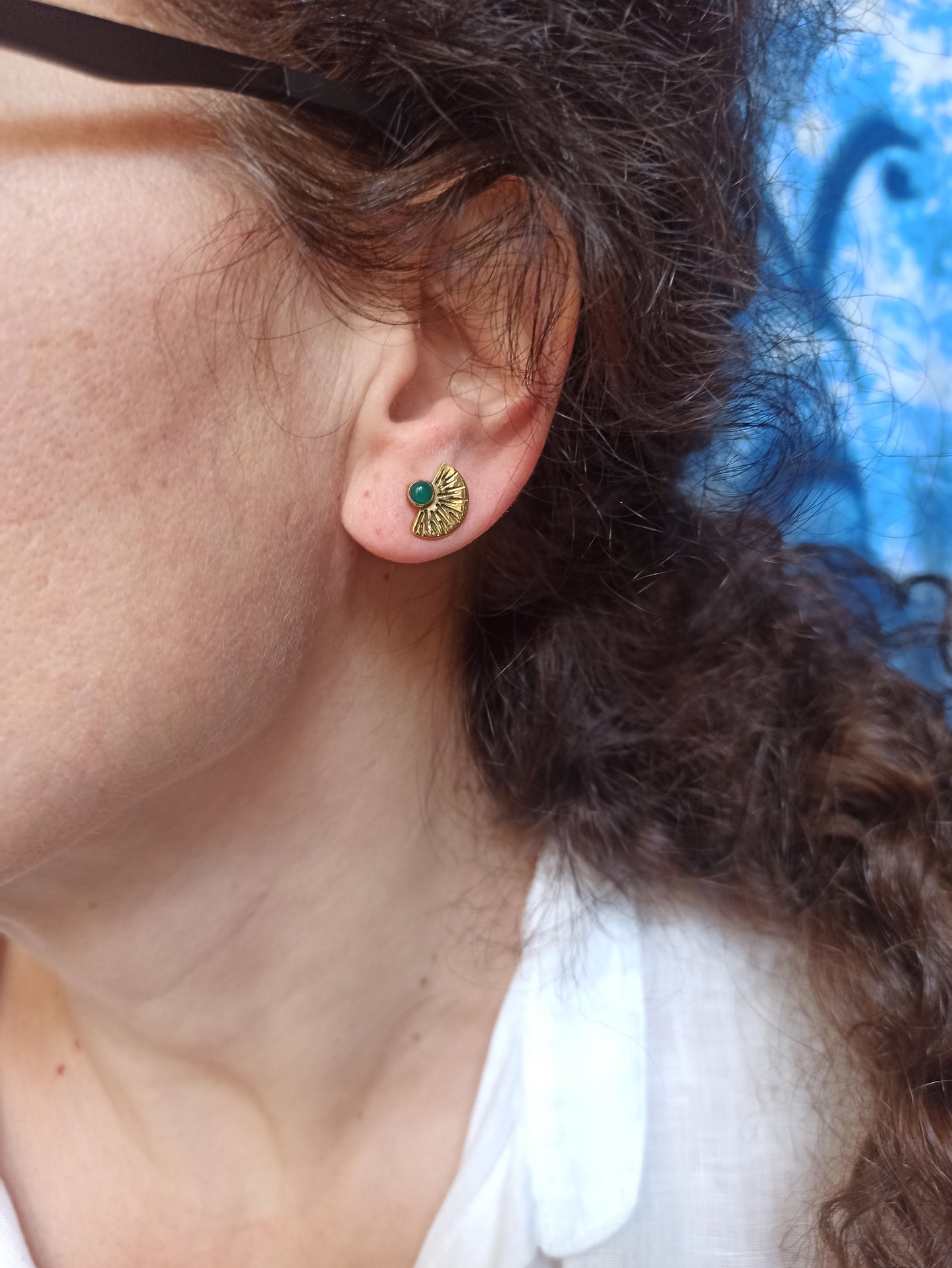Gold Boho Earrings Green Lobe