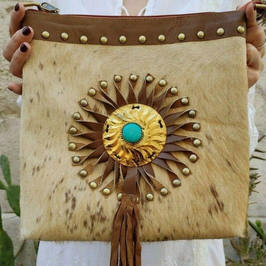 Turquoise rosette leather shoulder bag