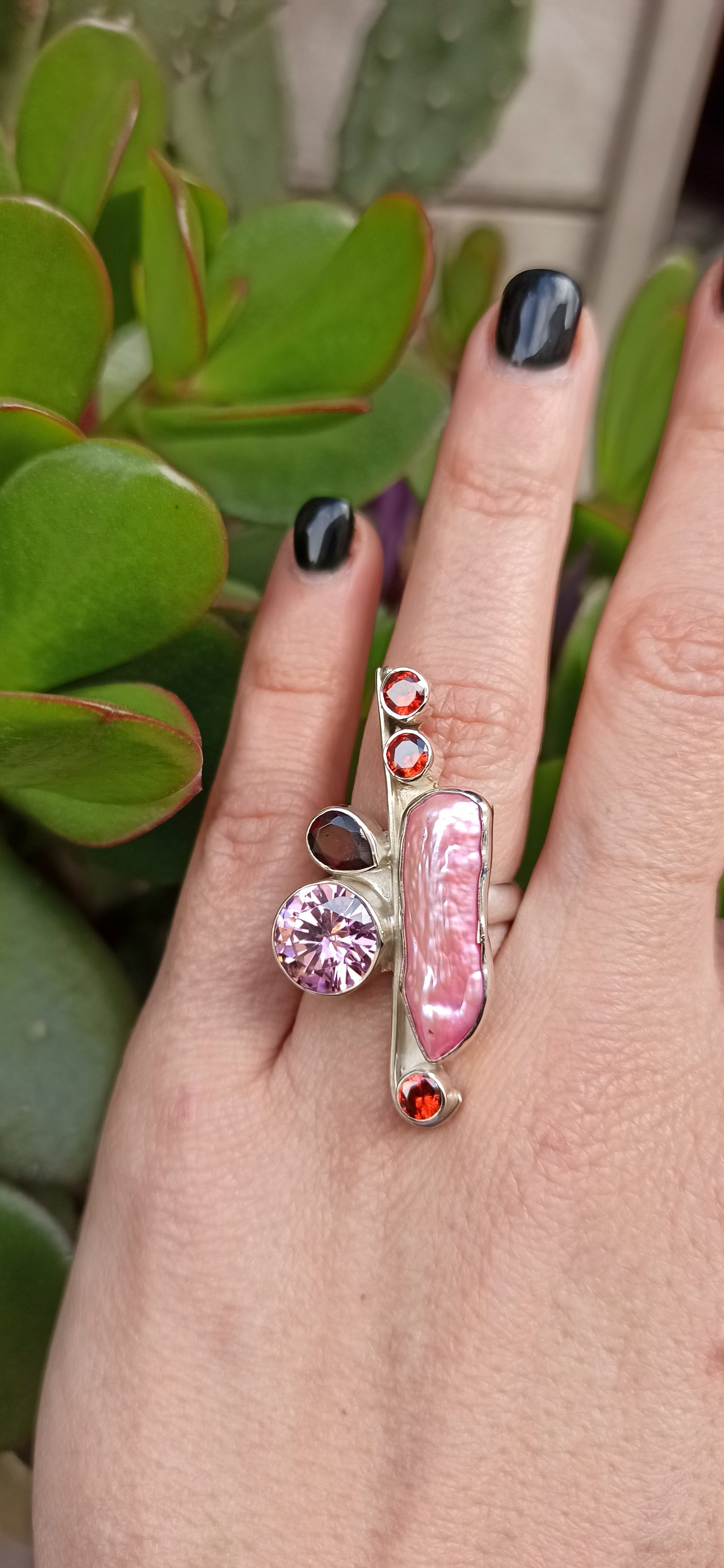 Multi stone pink pearl ring