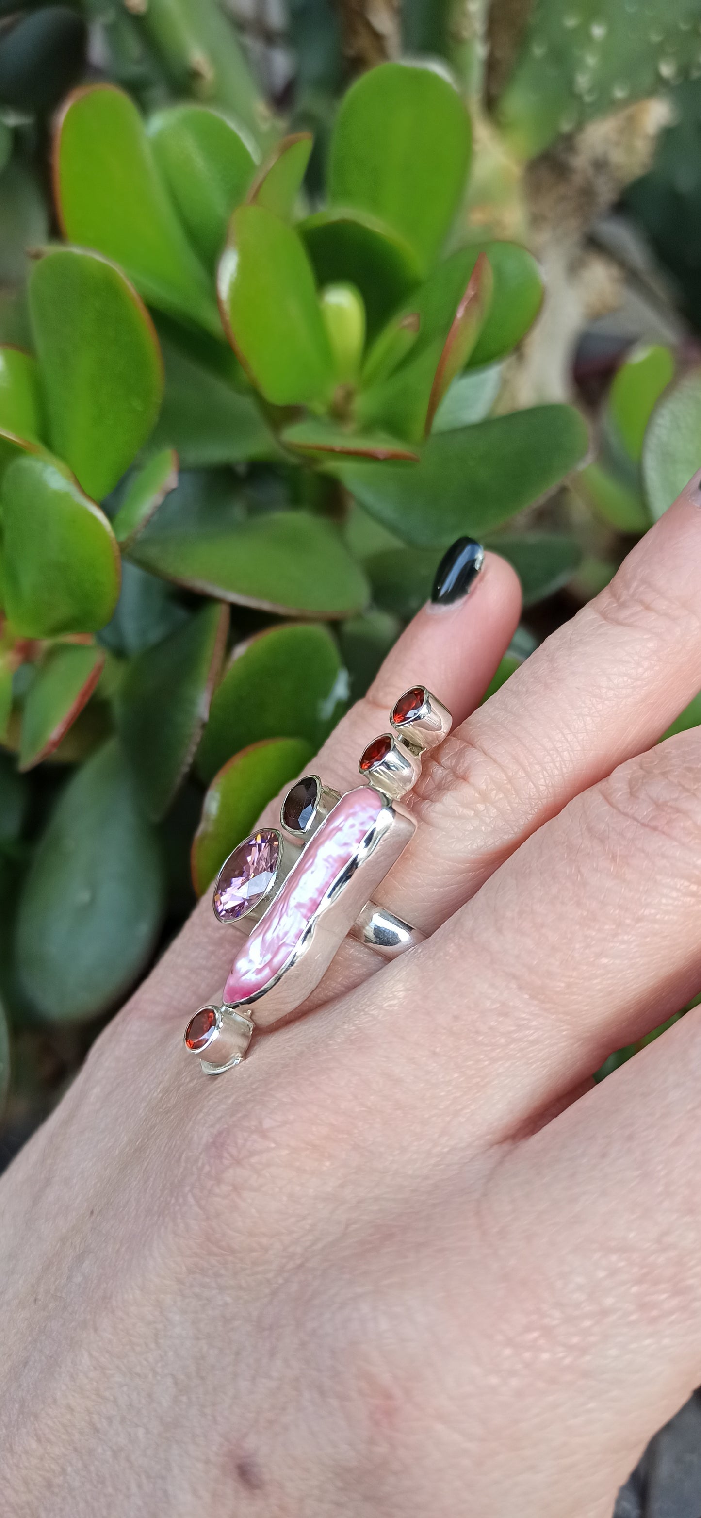 Multi stone pink pearl ring