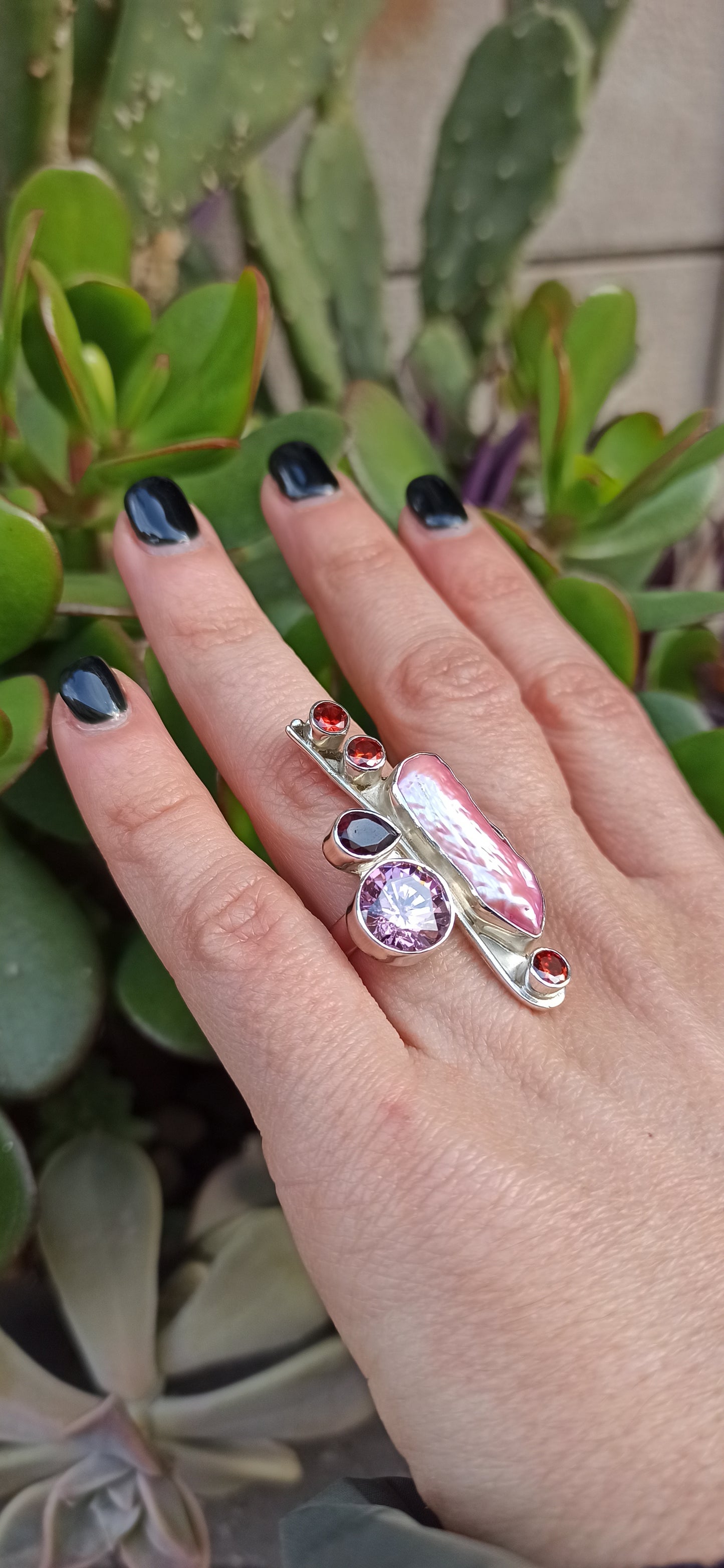 Multi stone pink pearl ring