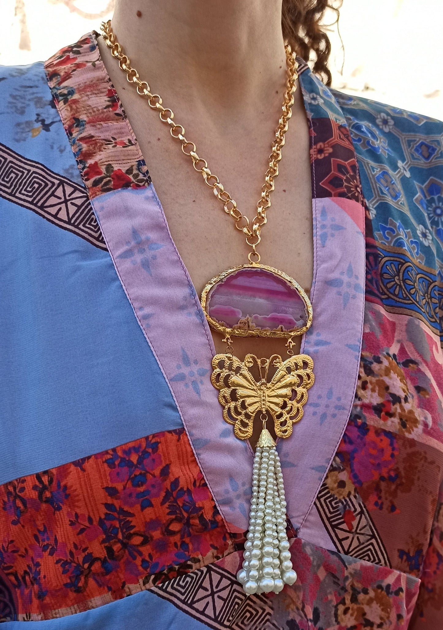 Butterfly necklace with pink agate and beads